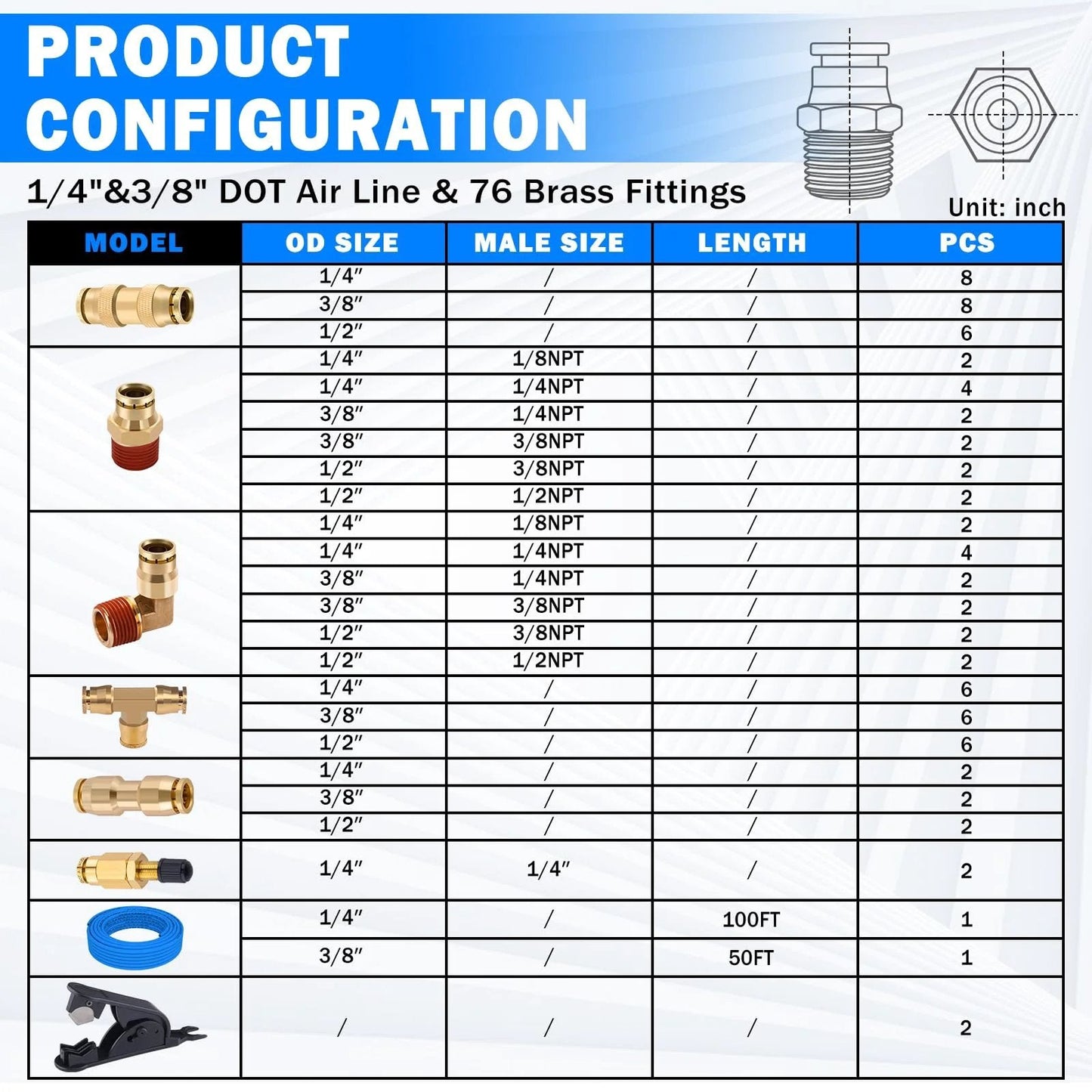 Product configuration chart for Brass DOT Air Line Fittings Kit With 100 Feet Of One Quarter Inch And 50 Feet Of Three Eighths Inch Blue DOT Tubing Push Lock Quick Connect Pneumatic Set Including Brass Tee And Straight Fittings Elbows Schrader Valves And Tube Cutters.