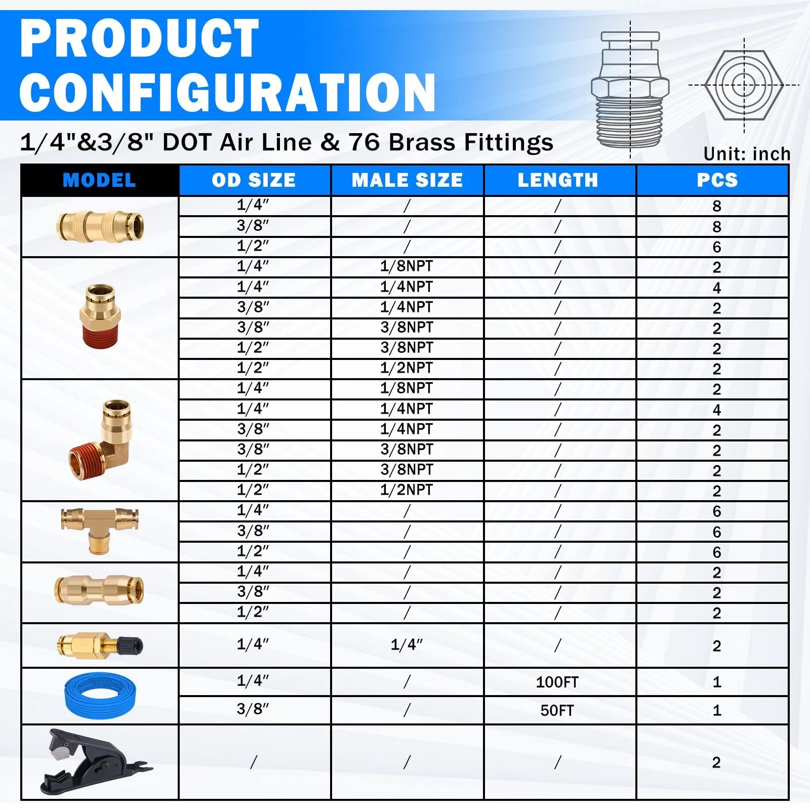 Product configuration chart for Brass DOT Air Line Fittings Kit With 100 Feet Of One Quarter Inch And 50 Feet Of Three Eighths Inch Blue DOT Tubing Push Lock Quick Connect Pneumatic Set Including Brass Tee And Straight Fittings Elbows Schrader Valves And Tube Cutters.
