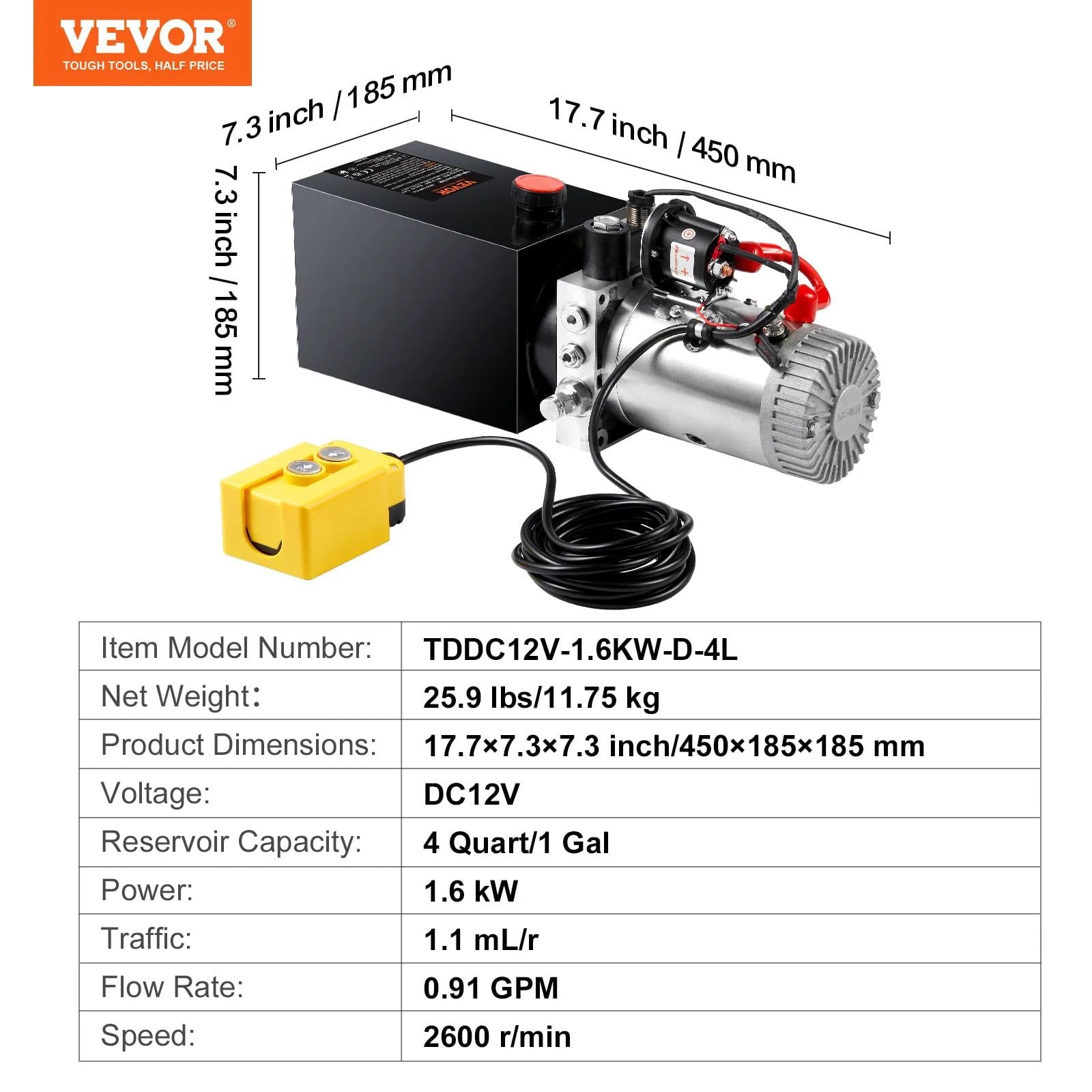 Heavy Duty 12V Hydraulic Pump Power Unit For Dump Trailers With A Four Quart Tank 0.91 GPM Flow 3200 PSI Max Pressure