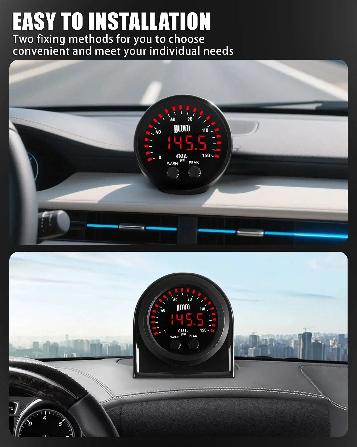 Digital LED Oil Pressure Gauge Kit With 0 To 150 PSI Range Digital Red LED Readout For Fast Clear Readings For Gearheads In Day Or Night 1 8NPT Electronic Sensor And Mounting Bracket For 12V And 24V Cars Trucks And Vehicles 52mm Gauge JJCOCO Now shown installed in vehicle dashboard.