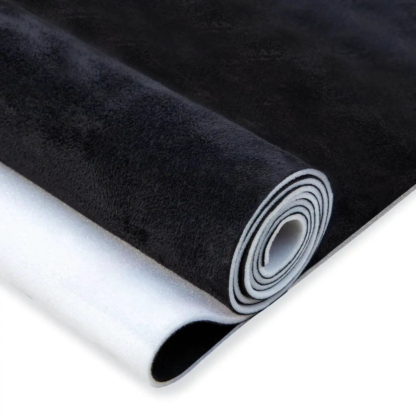 Roll of Suede Auto Headliner Fabric 98 x 60 With Foam Backing For Black Interior, showing black suede texture and foam backing