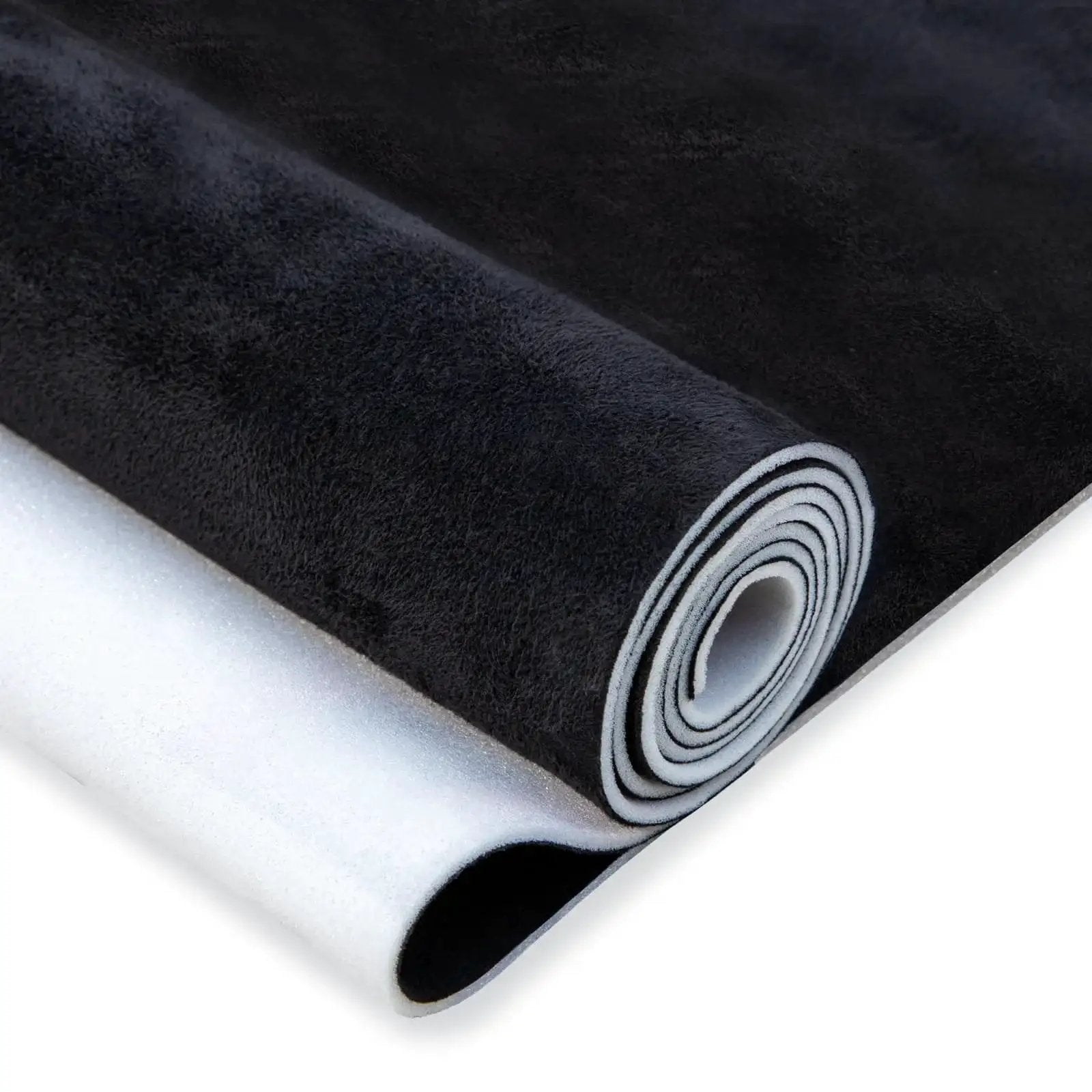 Roll of Suede Auto Headliner Fabric 98 x 60 With Foam Backing For Black Interior, showing black suede texture and foam backing