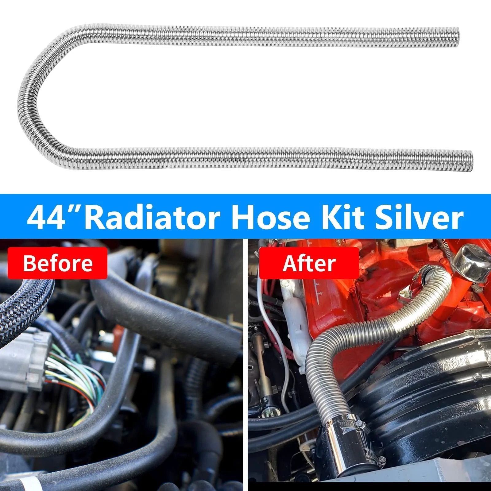 Flexible 44 Inch Stainless Steel Heater Hose Kit Universal For 5/8 And 3/4 Inch Necks With Adjustable Length And Clamp
