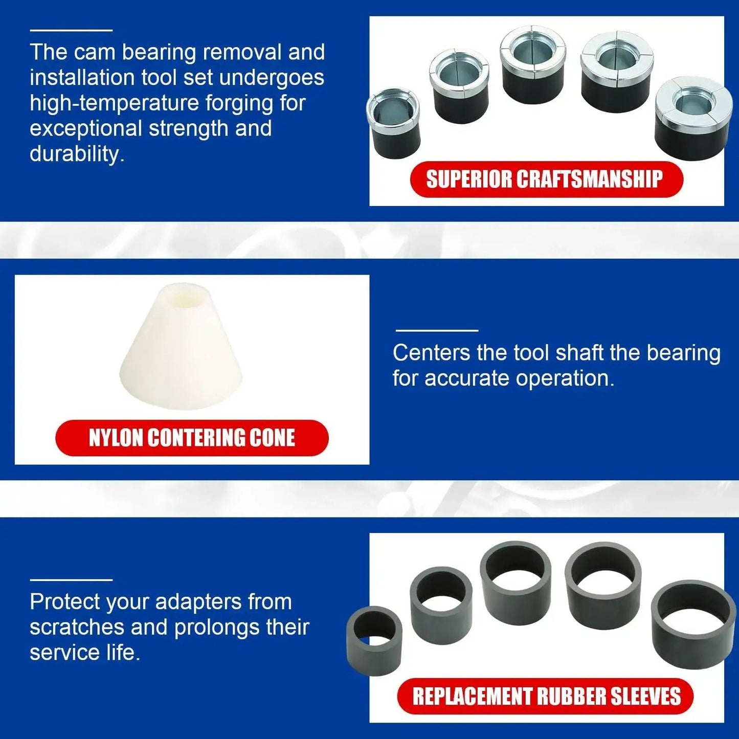 Cam Bearing Removal and Installation Tool Set adapters, nylon centering cone, replacement rubber sleeves for 1-1/8 to 2-2/3 inch cam bearings