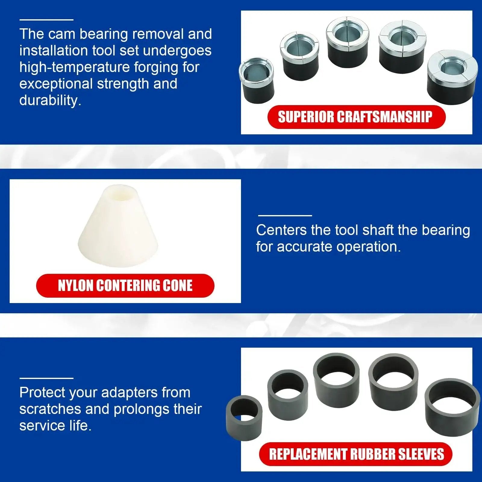 Cam Bearing Removal and Installation Tool Set adapters, nylon centering cone, replacement rubber sleeves for 1-1/8 to 2-2/3 inch cam bearings