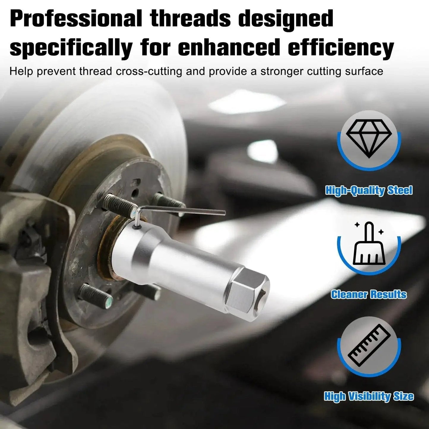 Axle Spindle Thread Chaser Set For Vehicle Axles With 8 Dies And 1-1/16 Inch Extension Bar installed on car axle