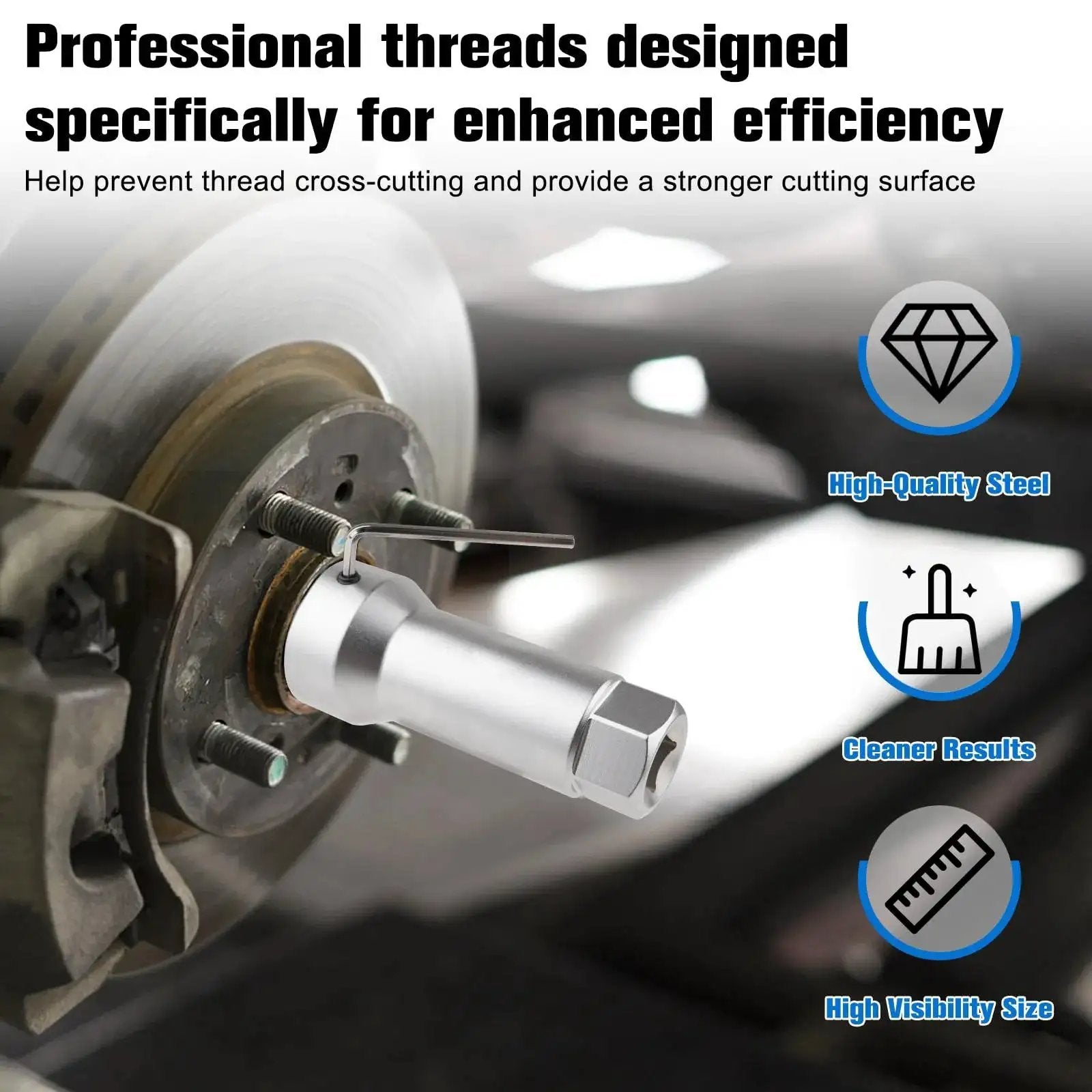 Axle Spindle Thread Chaser Set For Vehicle Axles With 8 Dies And 1-1/16 Inch Extension Bar installed on car axle