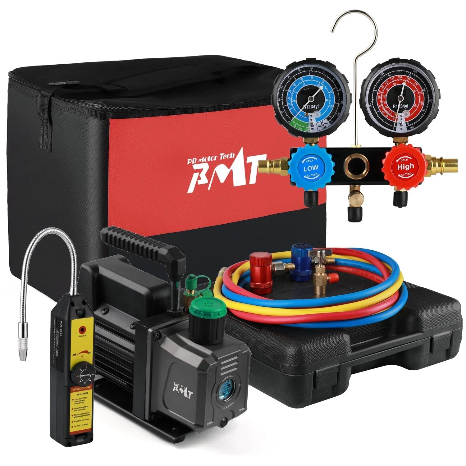 Powerful 4.5 CFM 1/3 HP Vacuum Pump Auto AC Service Kit With 3 Way R1234yf Manifold Gauge Set Leak Detector Puncture Can Tap Quick Couplers And 3 48 Inch Hoses For Easy Refrigerant R1234yf Repairs, including pump, gauge set, hoses, and leak detector.