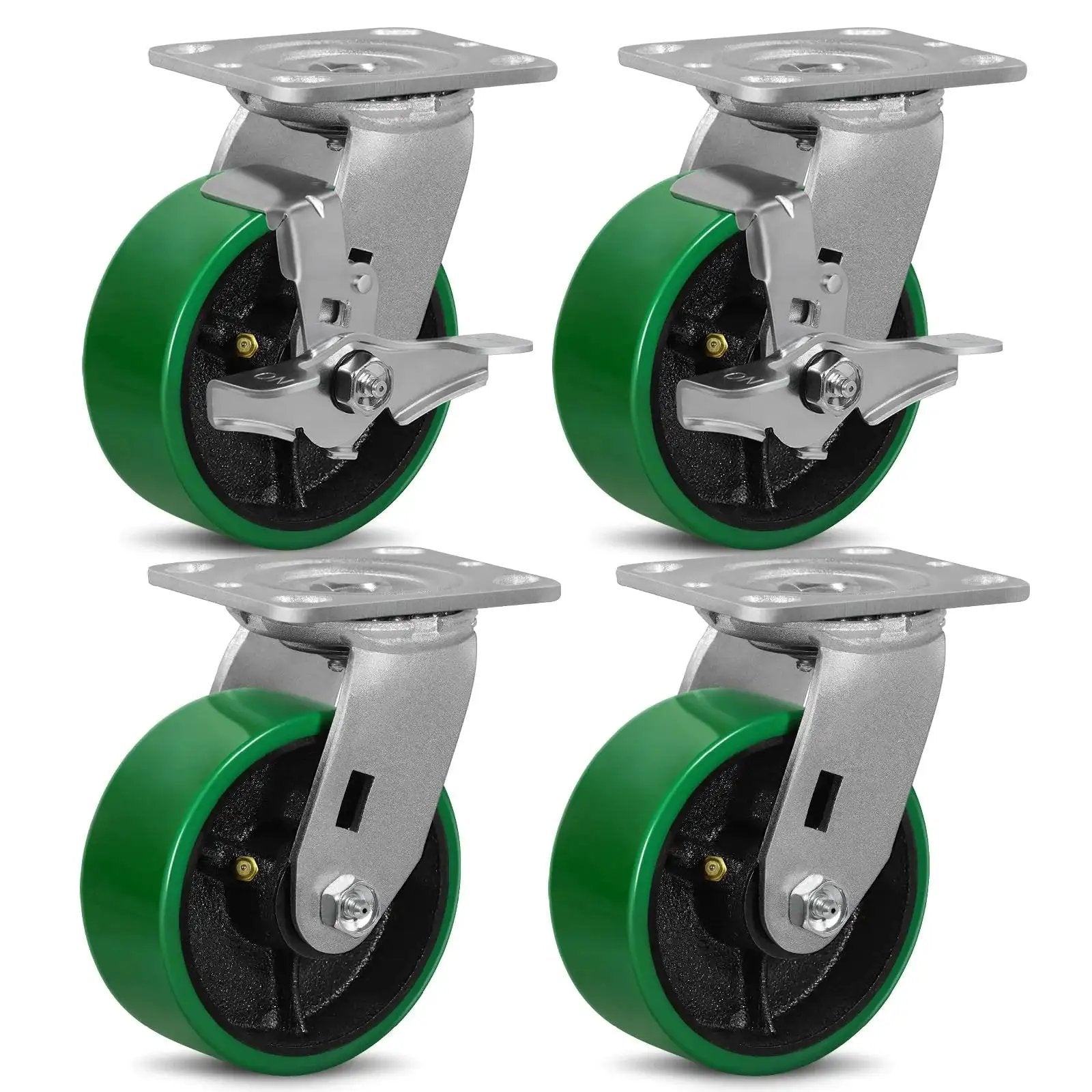 5 Inch By 2 Inch Industrial Heavy Duty Cast Iron Caster Set Of 4 With Polyurethane Tread Non Marking Green Wheels And 2 Brakes