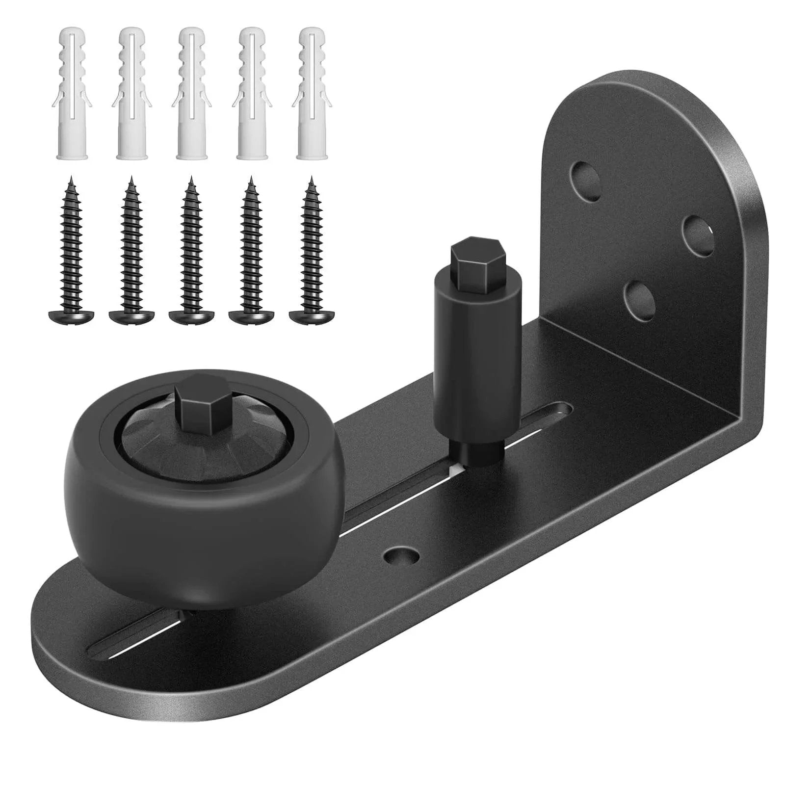 Sliding Barn Door Floor Guide with Adjustable Rubber Rollers, flush flat bottom, round edge design, screws, and wall plugs