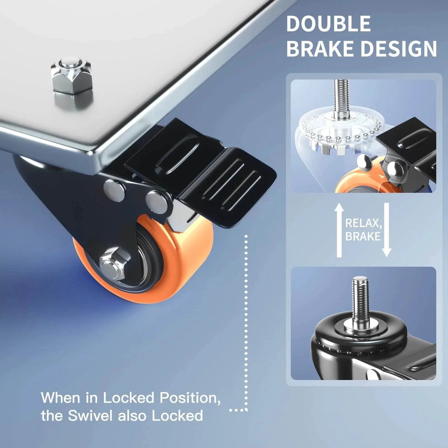 Heavy Duty Stem Caster Wheels Set of 4 With 2 Inch Swivel Casters, double brake design in action, 1 Inch Stem Length 1/4-20 Threaded Brakes
