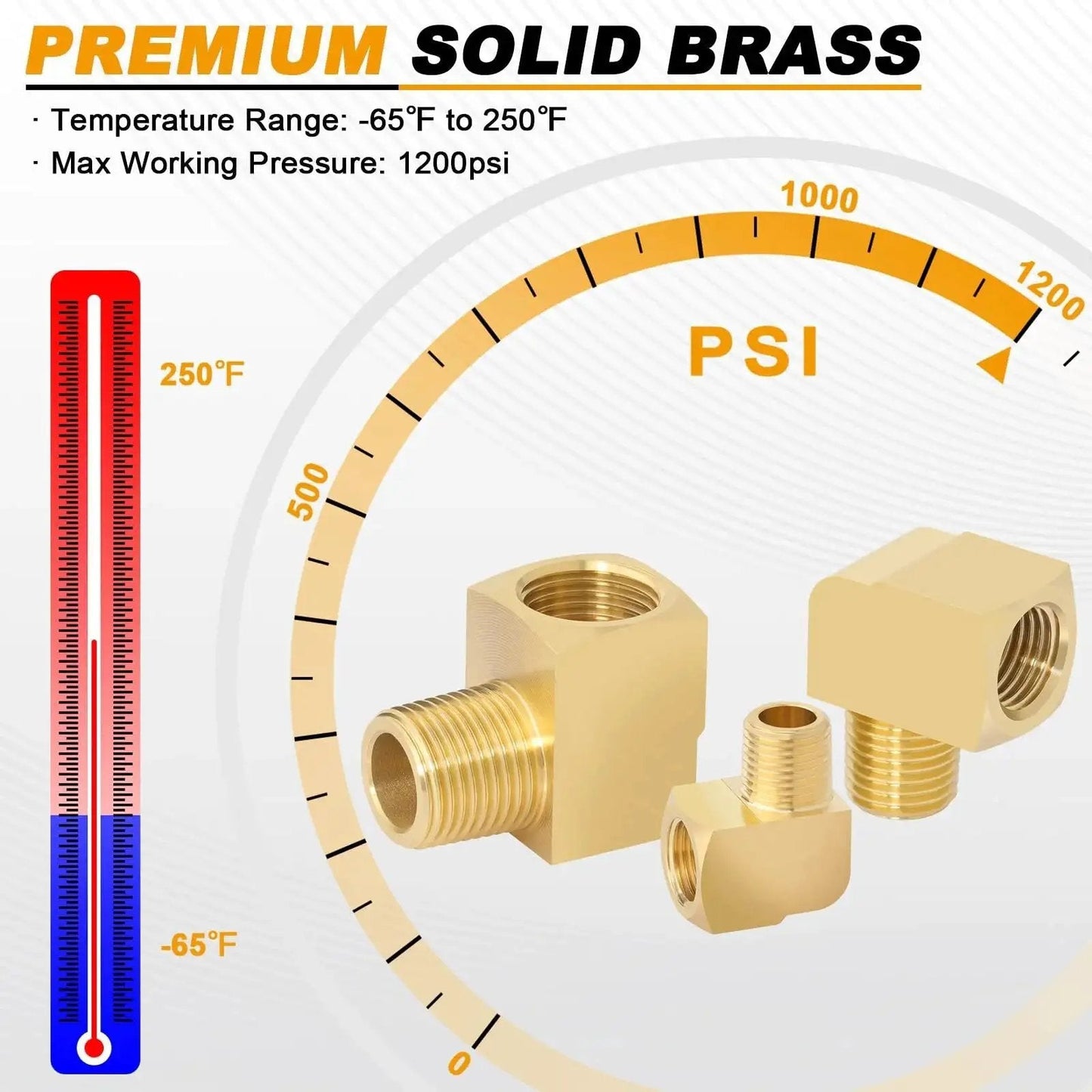 Barstock Brass Elbow Fittings One Eighth NPT Male To One Eighth NPT Female 90 Degree Street Elbow with temperature range and PSI gauge