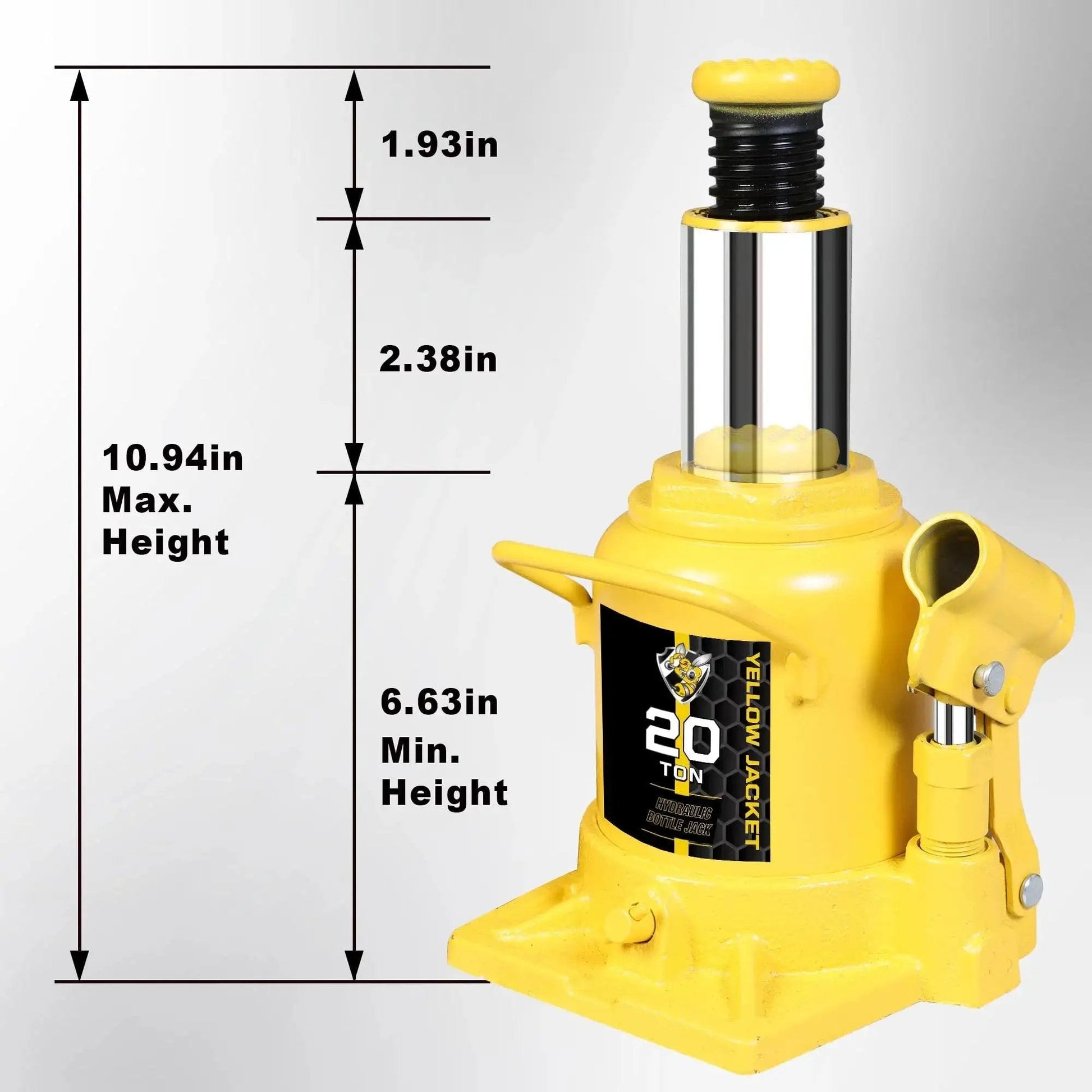 20 Ton Low Profile Bottle Jack for Heavy Duty Lifting Up to 40,000 Lbs with height measurements shown