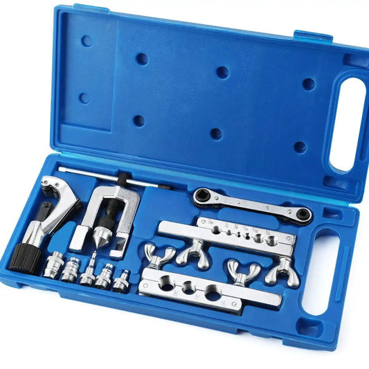 Single Flaring and Swaging Tool Kit for HVAC Tubing 45 Degree Cutter in blue case, includes flaring cone, adapters, and bars