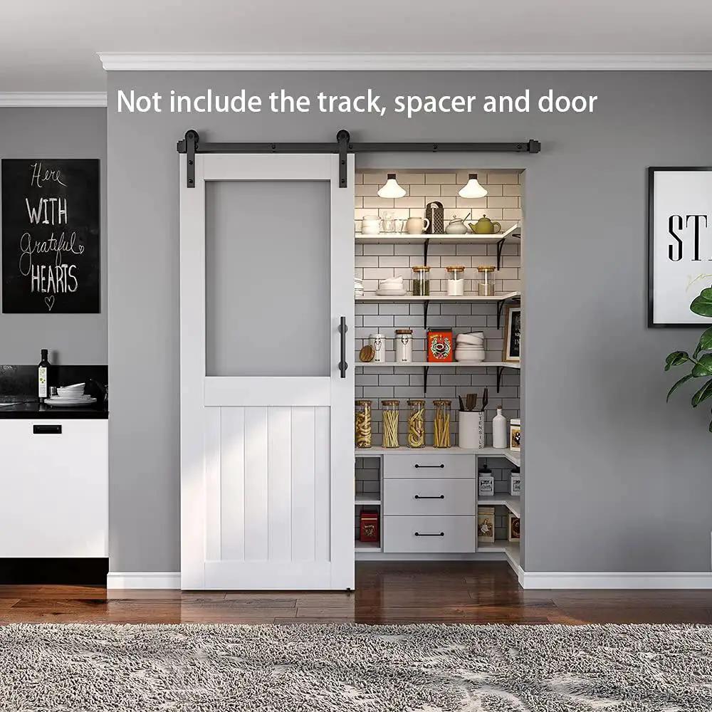 Heavy Duty Sliding Barn Door Roller Hanger With Anti Jumper Stopper Floor Guide And Accessories shown installed without track and door