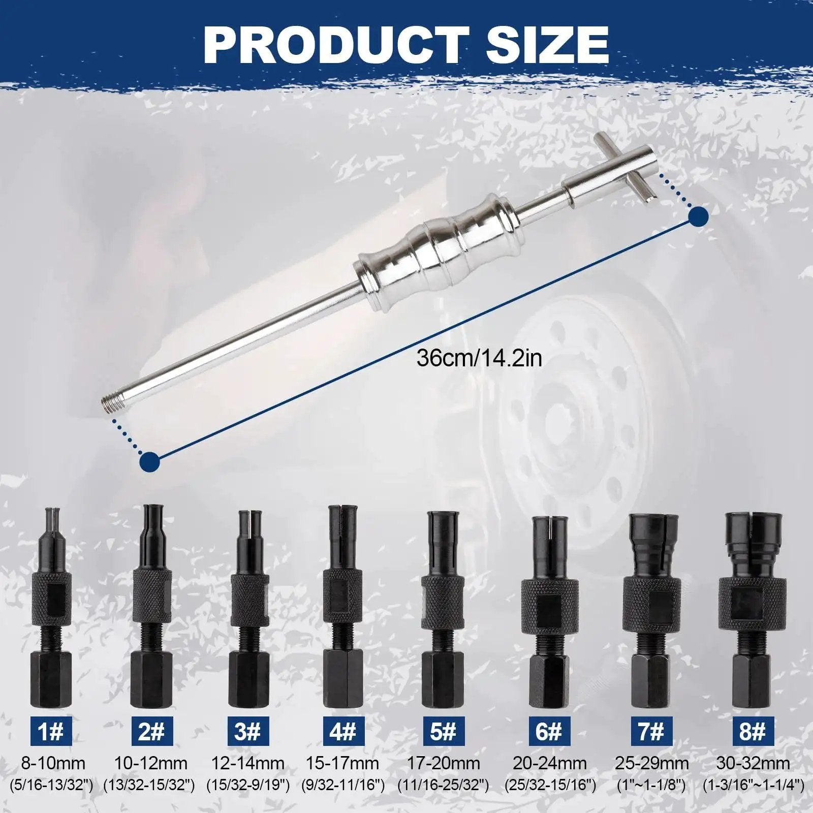 Blind Hole Bearing Puller Set With Slide Hammer And Expandable Collets 8 To 32 Millimeters shown with collet sizes and tool length