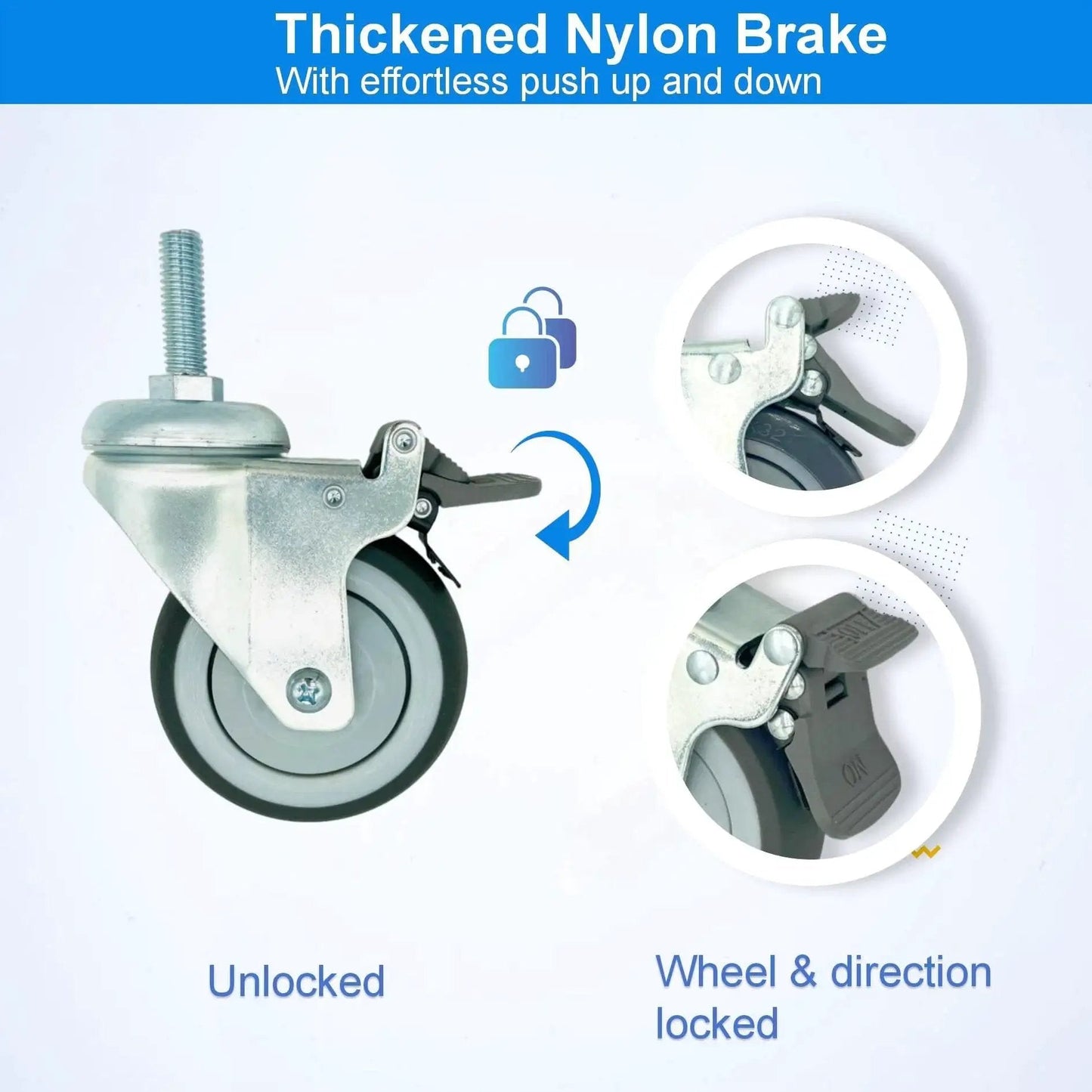 4 Inch Swivel Caster Wheels Heavy Duty With Nylon Brake showing locked and unlocked positions with TPR rubber wheel.