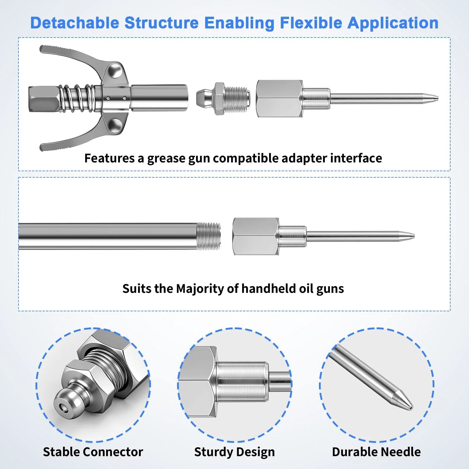 Must Have Pro Grade Grease Gun Needle Tips Kit With Two Needle Nozzles, One Dispenser, One Rubber Joint Fitting, And Detachable Tip