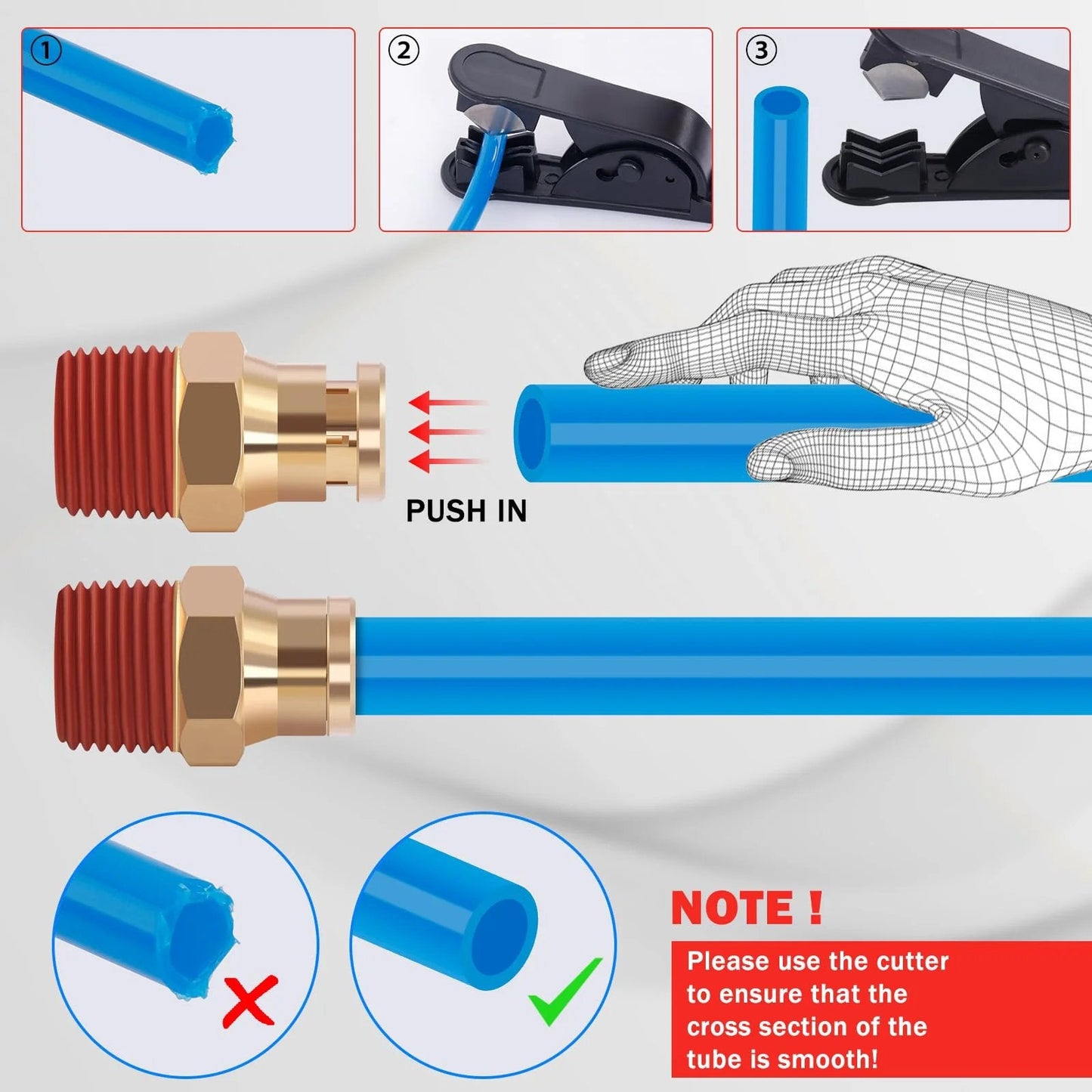 Instructions and parts from Brass DOT Air Line Fittings Kit With 100 Feet Of One Quarter Inch And 50 Feet Of Three Eighths Inch Blue DOT Tubing Push Lock Quick Connect Pneumatic Set Including Brass Tee And Straight Fittings Elbows Schrader Valves And Tube Cutters.