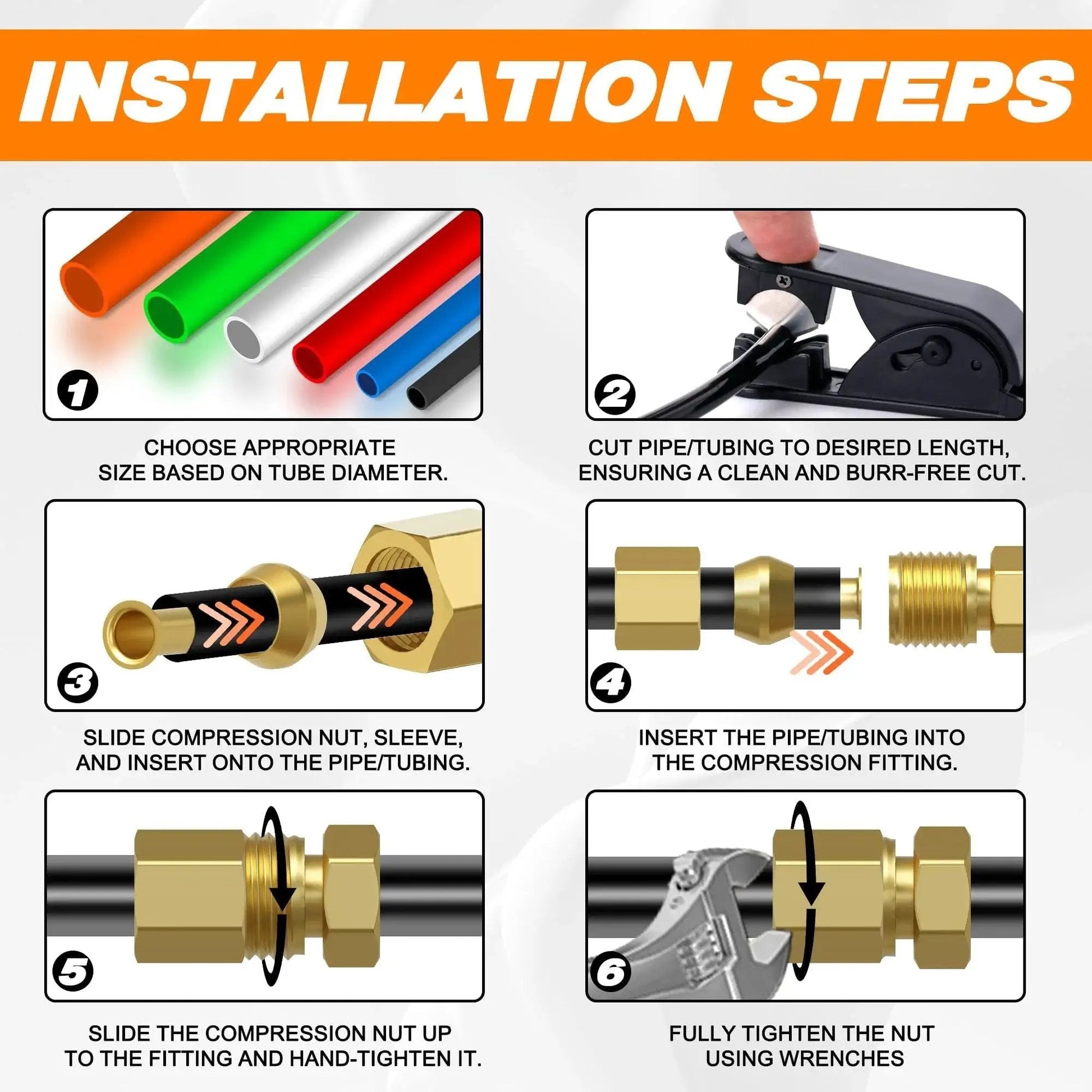 Installation steps for brass compression fittings kit, 280 pieces, six sizes, includes sleeve ferrules and inserts.