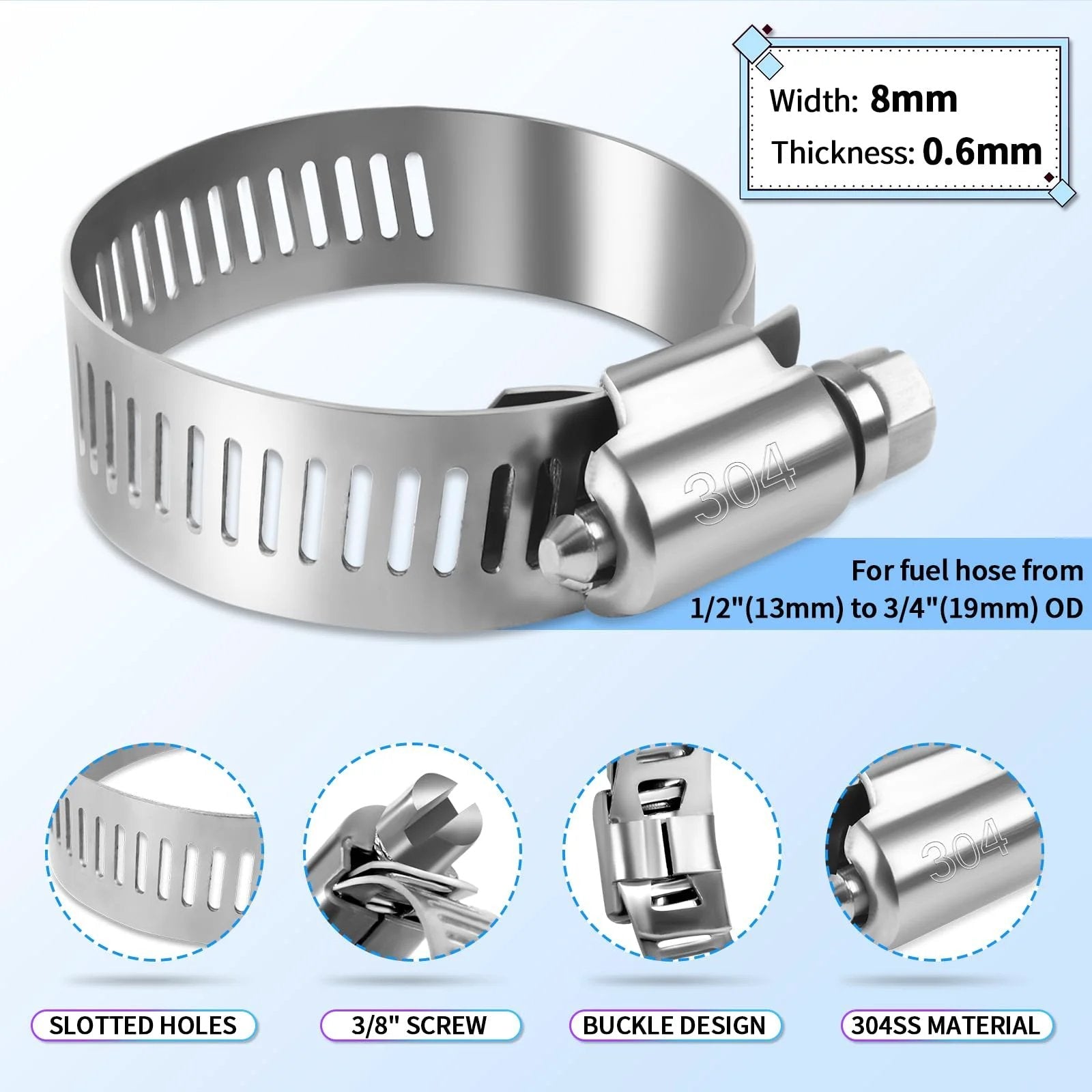 Stainless steel hose clamp with buckle design for fuel hoses, showing width 8mm, thickness 0.6mm, slotted holes.