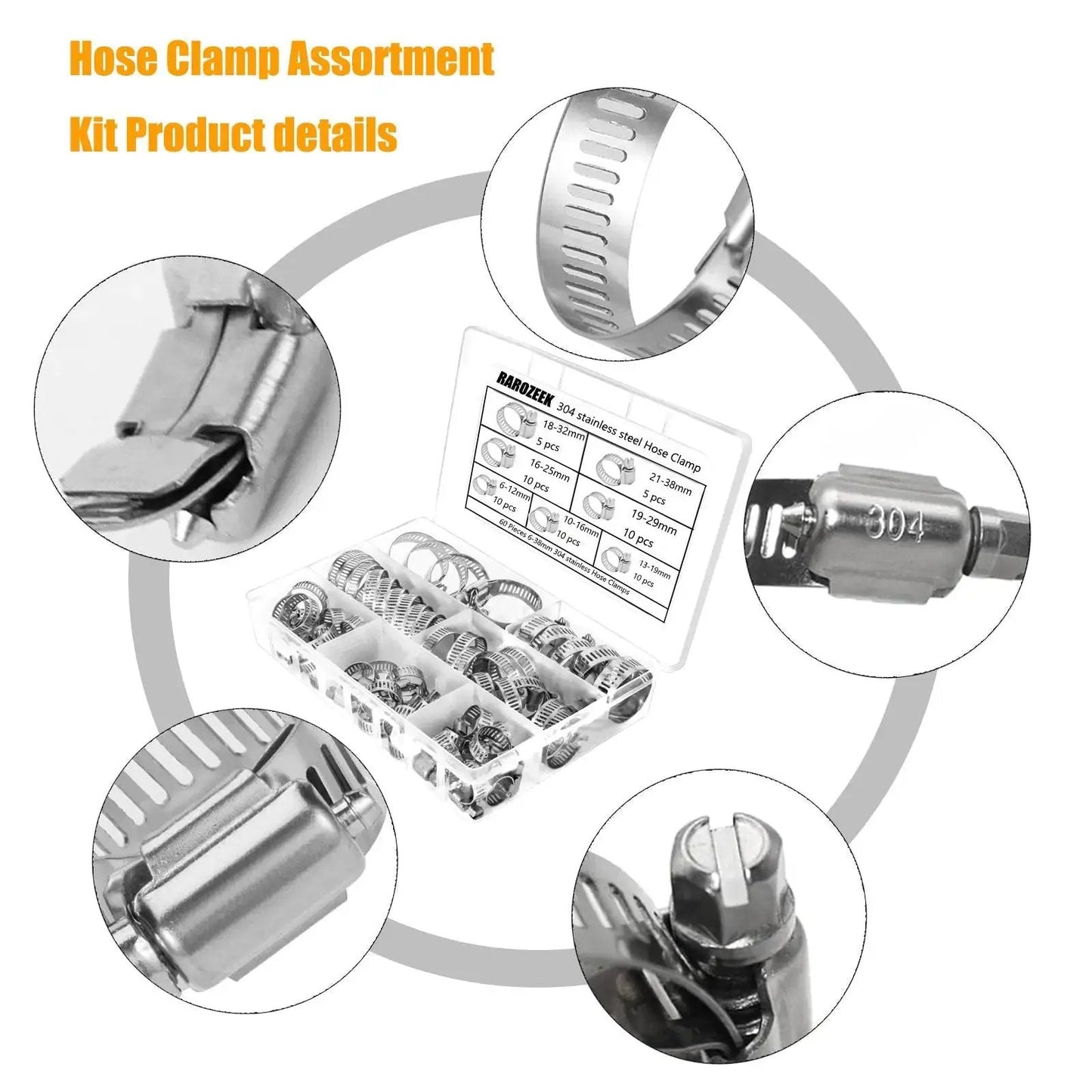 Beefy Stainless Steel Hose Clamp Kit for Automotive Fuel Lines and Radiator, 60 Piece Assortment with metal clamps and storage case