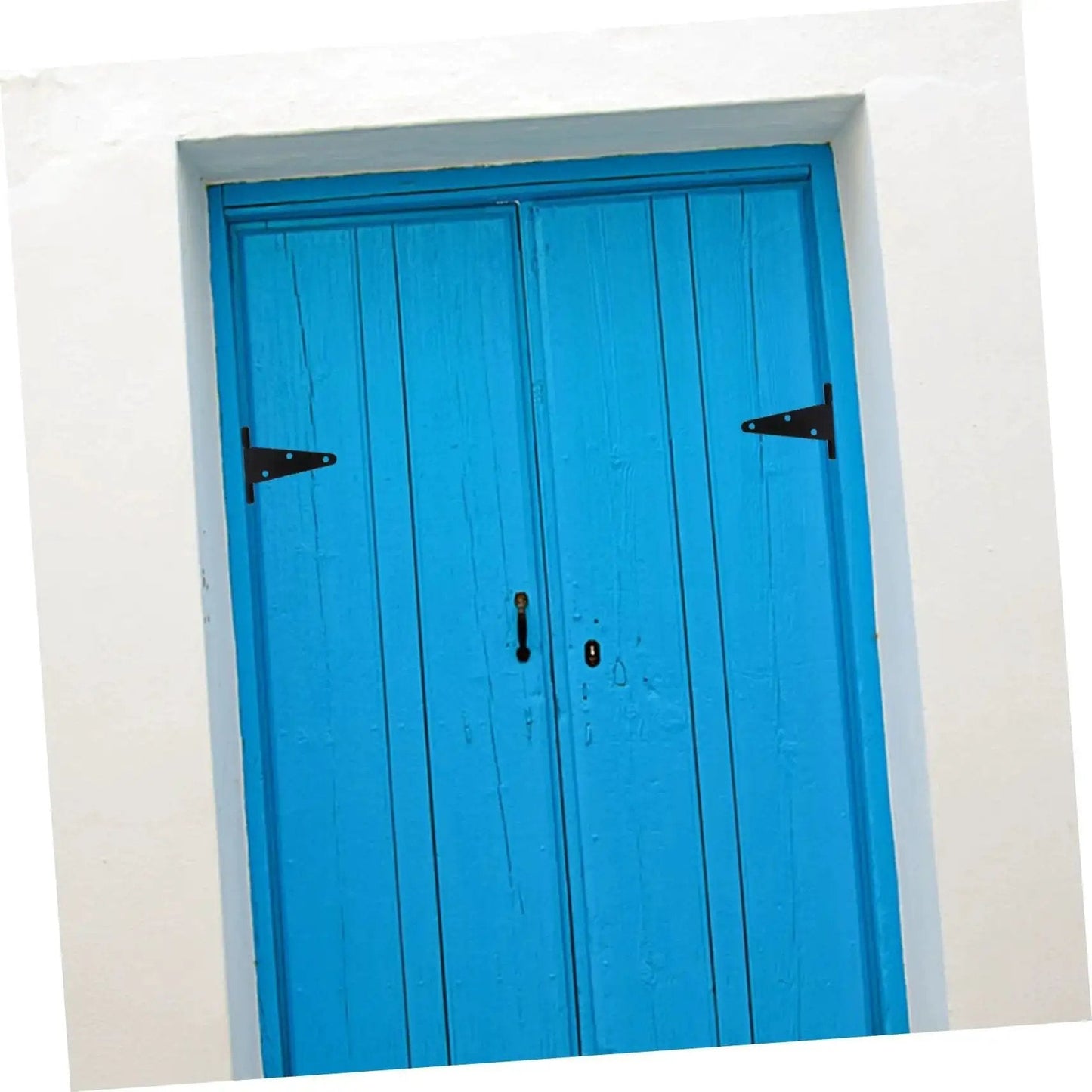 Heavy Duty Slotted Door Hinges Set For Outdoor Gates Sheds And Barns With High Toughness Iron Construction Extended T Shape Design installed on blue door