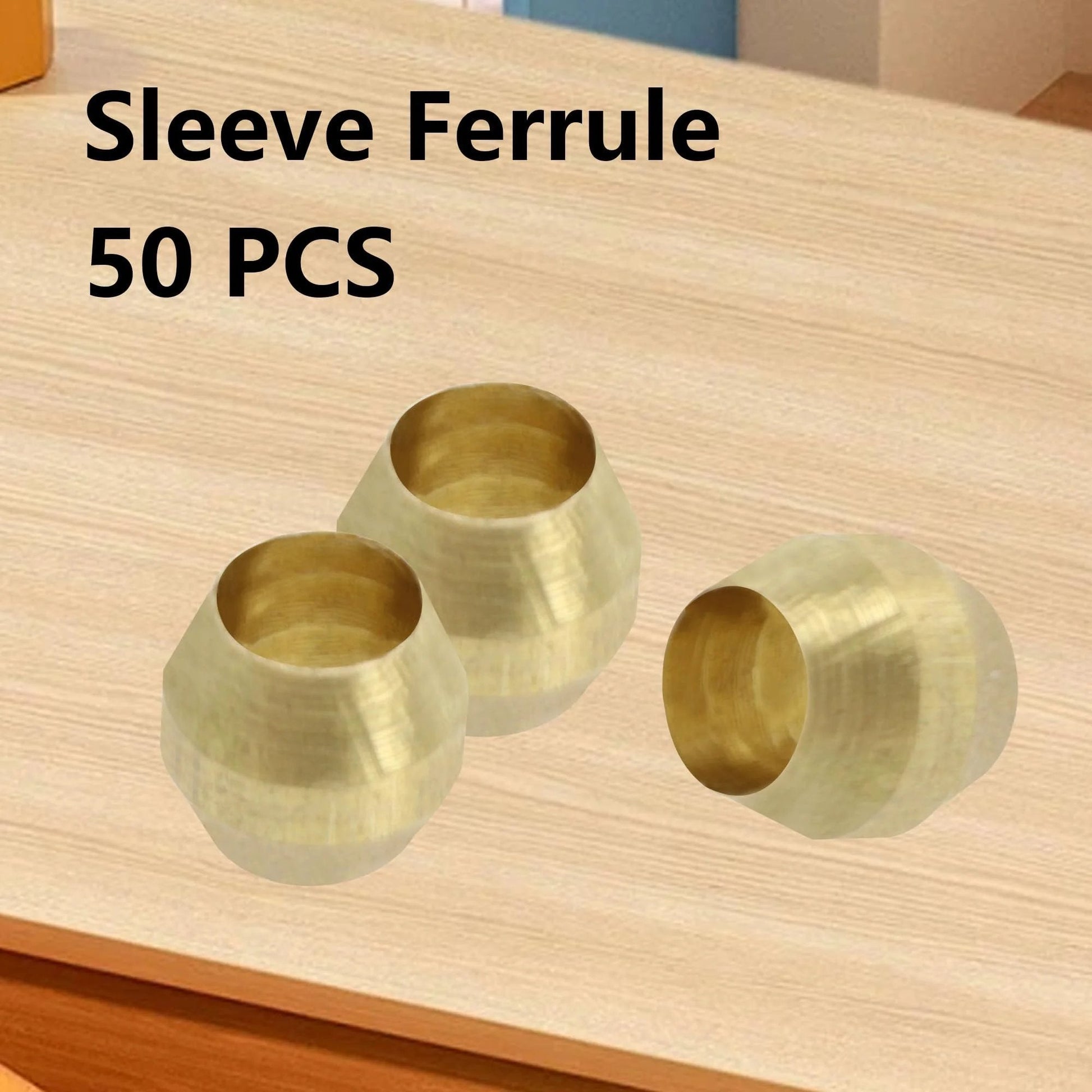 Brass Compression Sleeve Ferrules 3mm 1/8 Inch, 50 Pack Tube Fittings For Air Fuel Water Oil Lines displayed on wooden desk