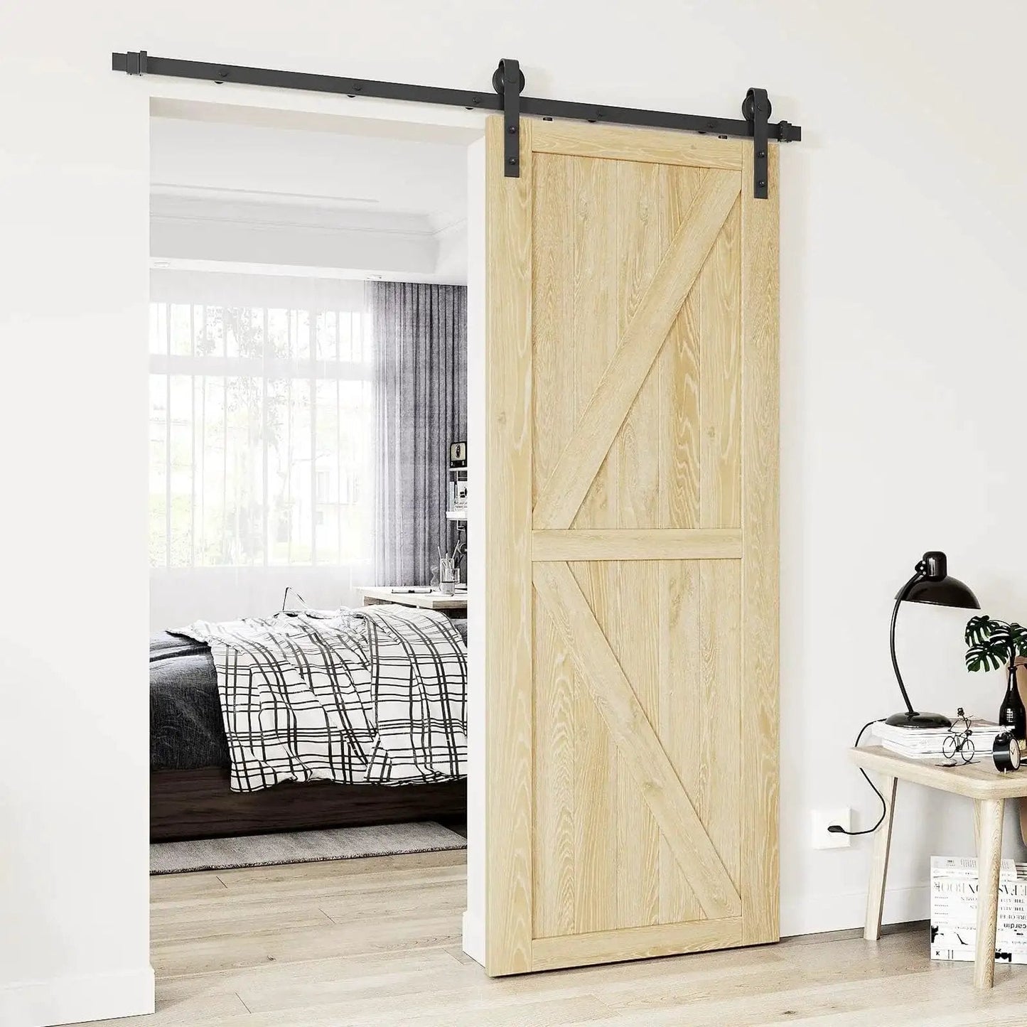 Sliding Barn Door Hanger Rollers Set Of Two For All Barn Door Hardware Kits, J-Shape Hangers, installed on wooden door in bedroom