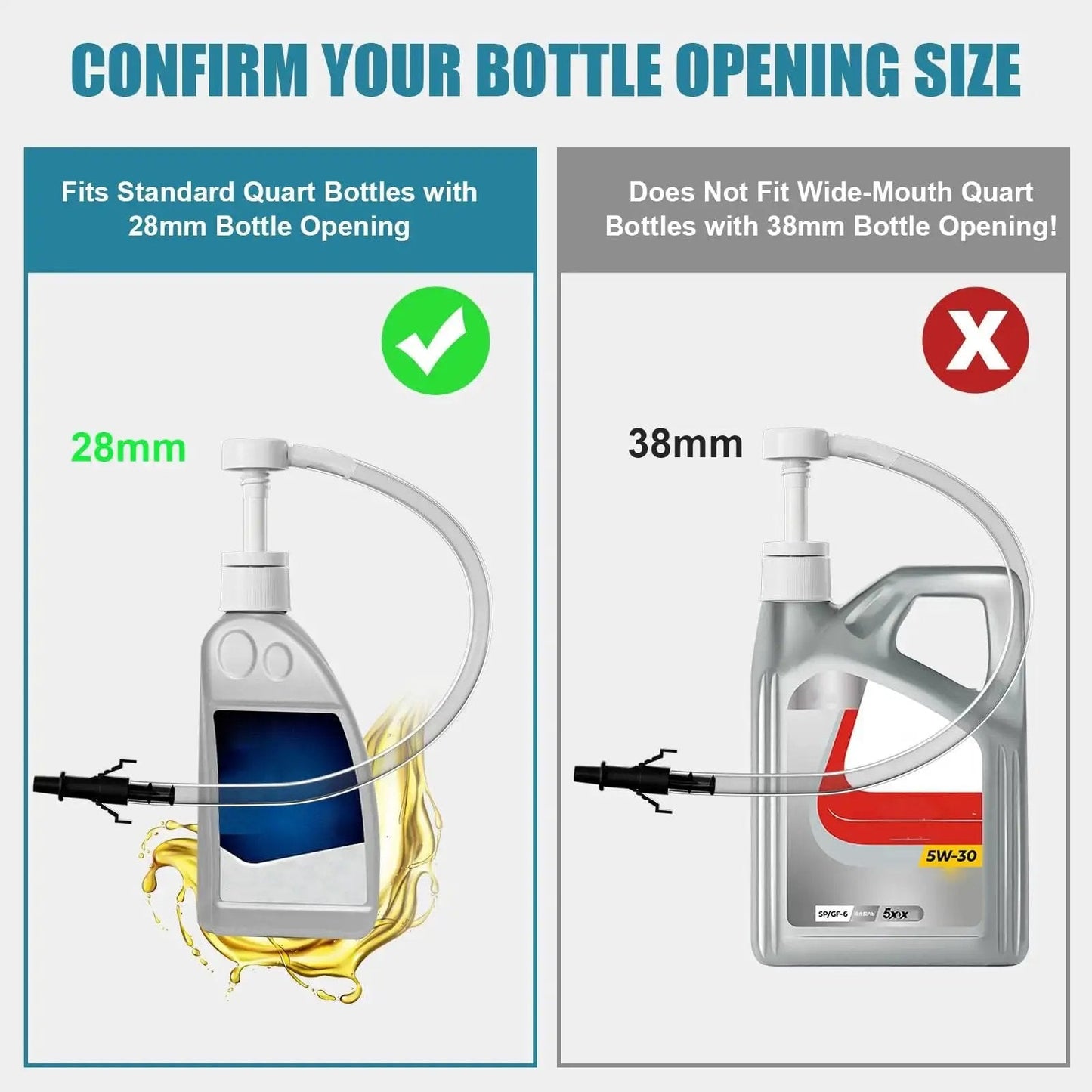 Transmission Fluid Pump For Quart Bottles With 8cc Per Stroke And 28mm Cap, comparing fit for 28mm vs. 38mm bottle openings