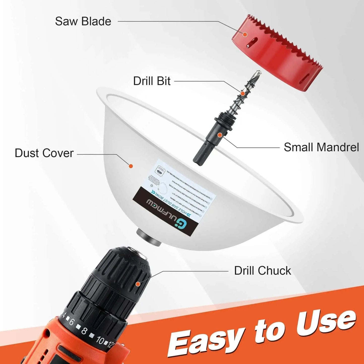 Diagram showing assembly of Less Mess Drill Dust Bowl And Hole Saw Dust Collector For Drilling Recessed Lights And Drywall Silicone Transparent Dust Catcher For All Hole Saws With Durable Bearings Gulfmew 1 Pack.