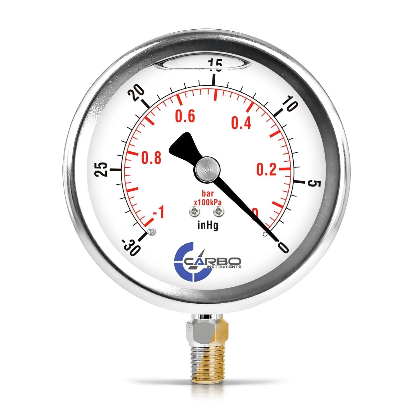 4 Inch Liquid Filled Pressure Gauge With Stainless Steel Case And Chrome Plated Brass Connection Lower Mount Quarter Inch NPT Vacuum Minus 30 InHg To 0 Dual Scale Psi Bar With KPa Guide Ideal For Oil Water Air HVAC Hydraulics And Industrial Use