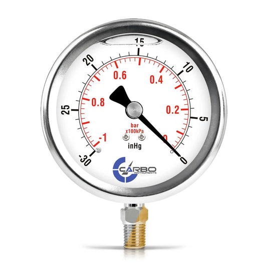 4 Inch Liquid Filled Pressure Gauge With Stainless Steel Case And Chrome Plated Brass Connection Lower Mount Quarter Inch NPT Vacuum Minus 30 InHg To 0 Dual Scale Psi Bar With KPa Guide Ideal For Oil Water Air HVAC Hydraulics And Industrial Use