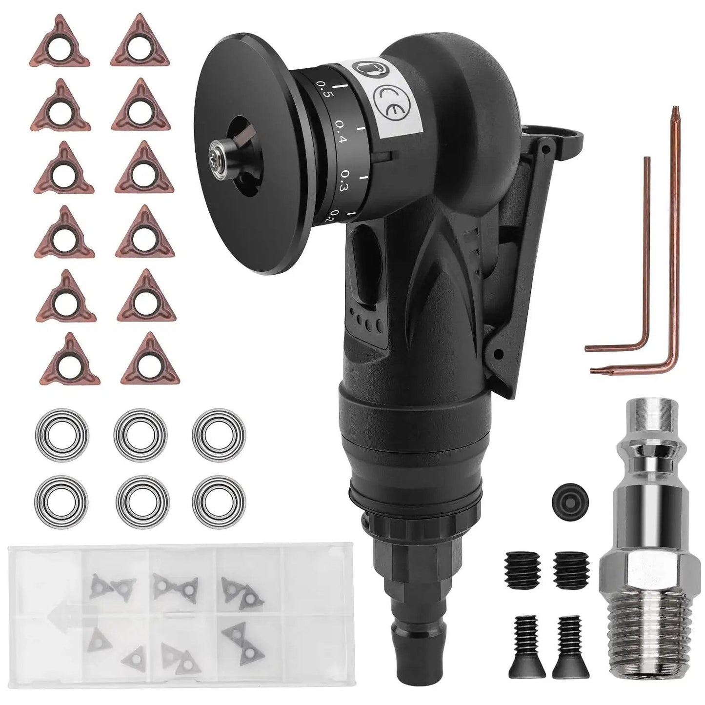 Mini Pneumatic Chamfering Tool Handheld 45 Degree Beveler For Metal And Wood Tile Edge Chamfering And Deburring Tool Durable C And R Angle Blades Portable Air Tool Kit For Precise Accuracy, showing tool with accessories and blades.