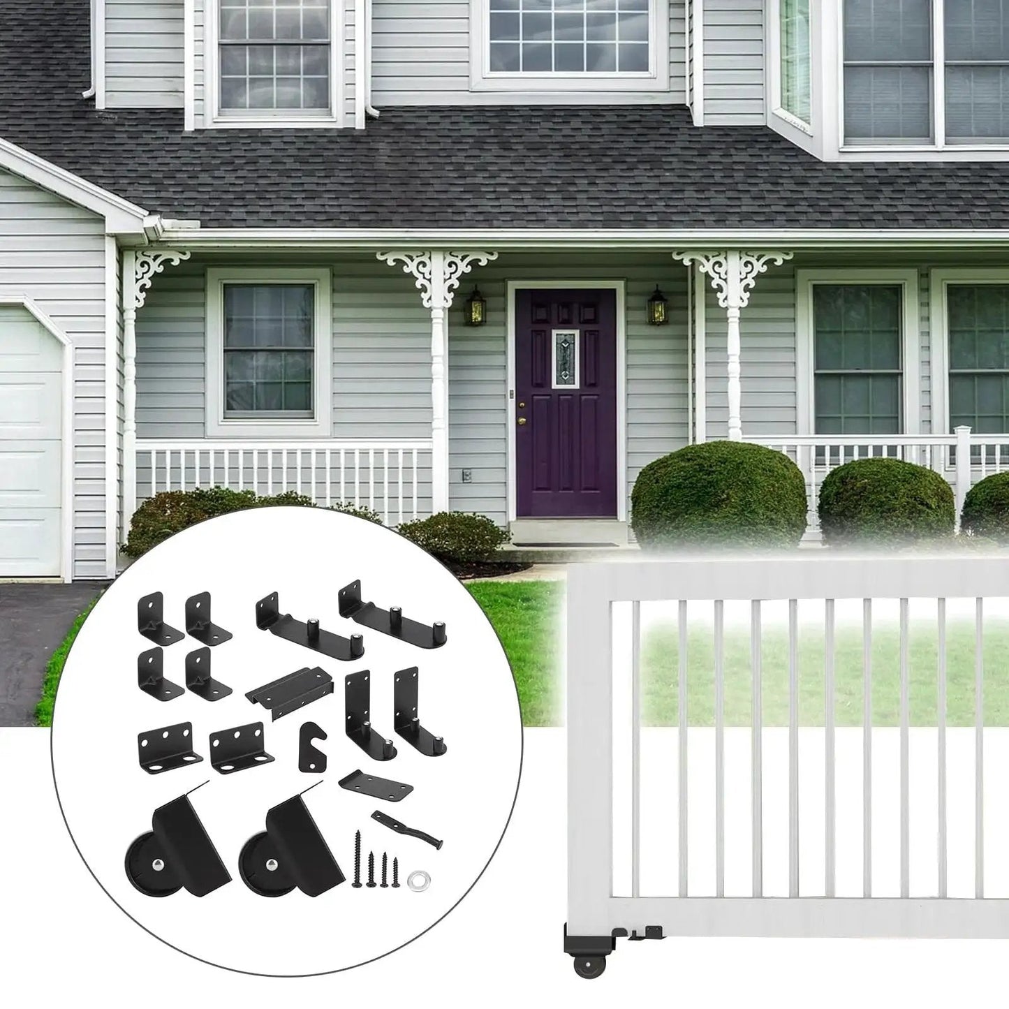 Heavy Duty Sliding Gate Hardware Kit With Adjustable Corner Braces And Gate Frame Brackets Rail Kit For Wooden Fences And Porches