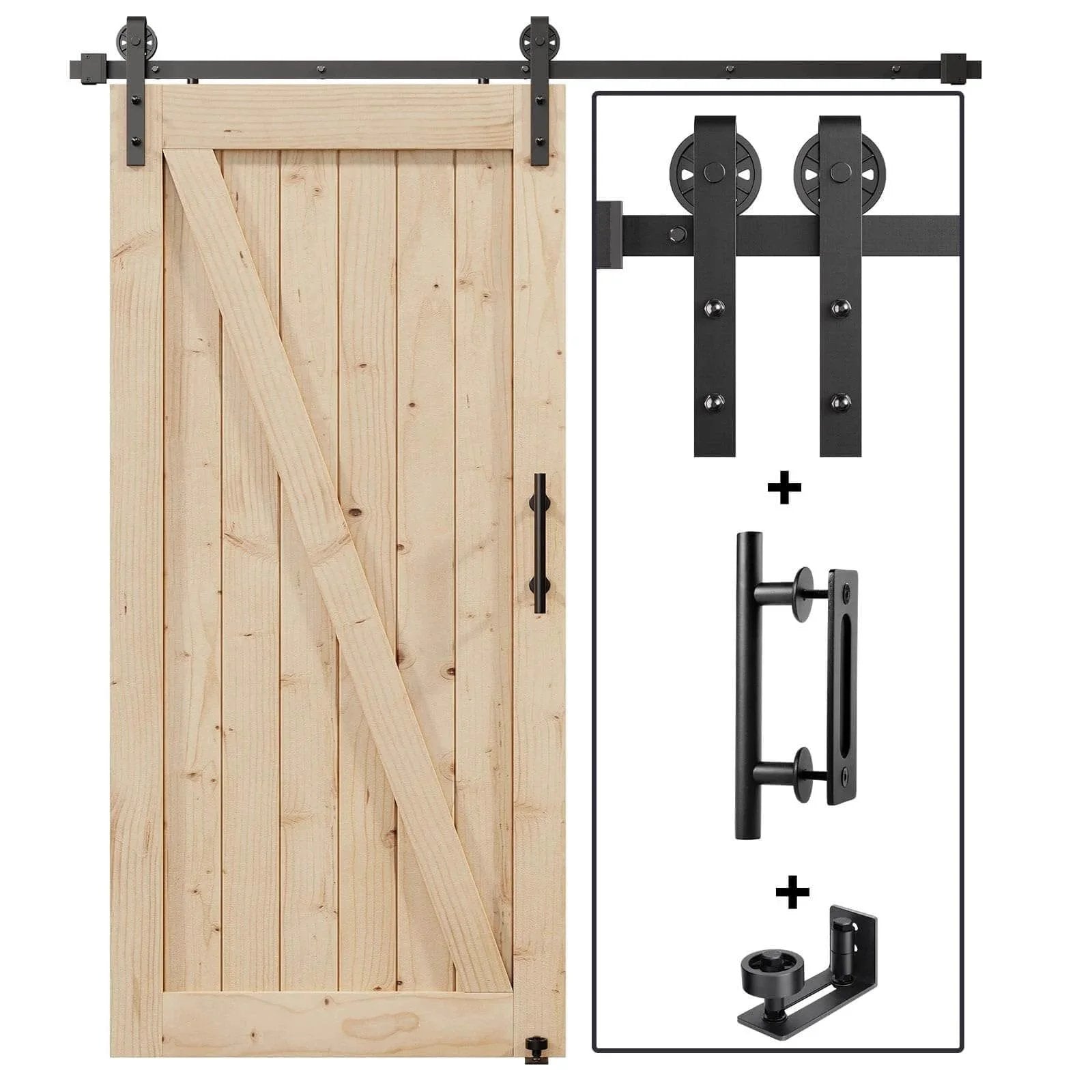 EaseLife 6.7 Foot Sliding Barn Door Hardware Track Kit And Handle In Black With Industrial Spoke Wheel Pulley Wall Mount.