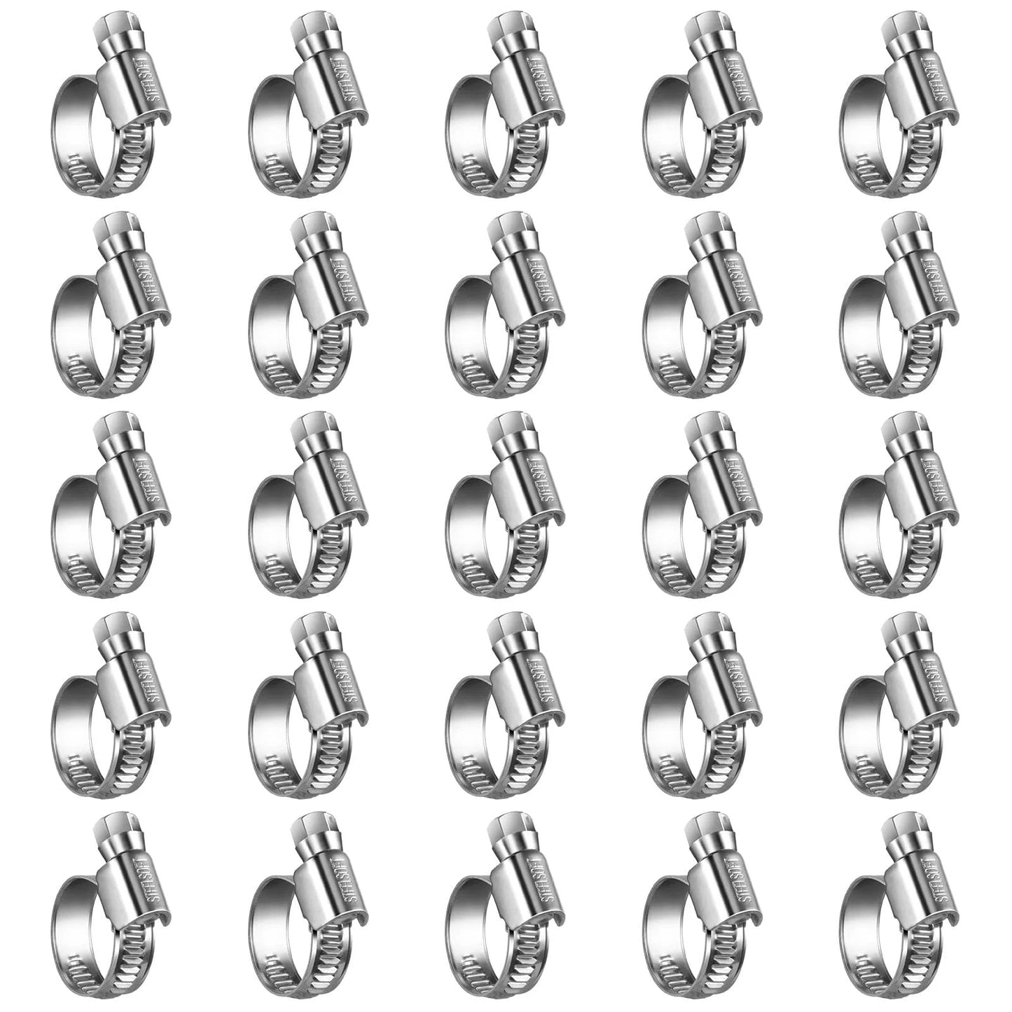 Non-Slip Worm Gear Hose Clamps For Automotive And Garden Use Adjustable Stainless Steel Fits One Half To Three Quarter Inch Hoses Welded Bottom For Sixty Percent More Torque Non-Perforated Band For Safe Sealing SAE J1508 Compliant 25 Pack By Steelsoft.