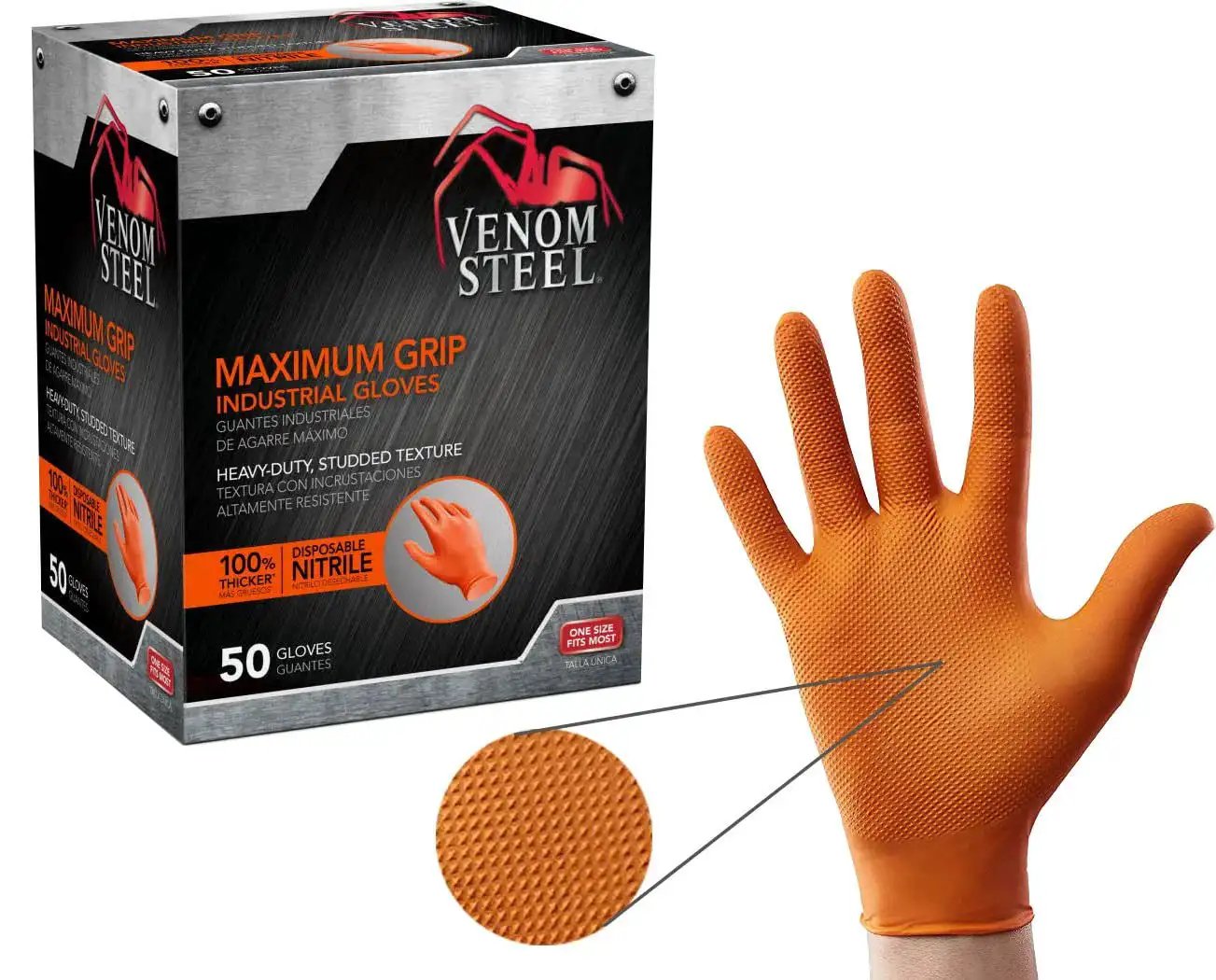 Hi-Visibility Orange Nitrile Gloves 8 Mil Thick Diamond Texture Grip 50 Count with glove box and close-up texture view