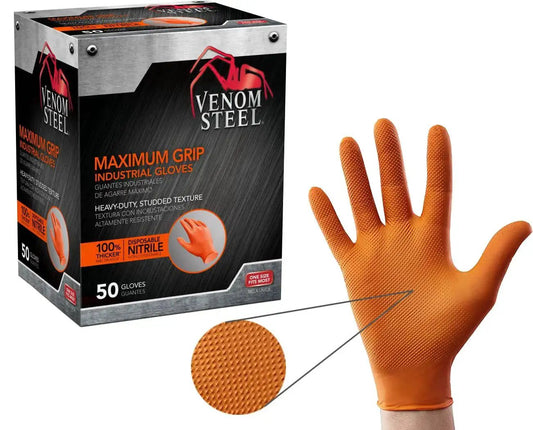 Hi-Visibility Orange Nitrile Gloves 8 Mil Thick Diamond Texture Grip 50 Count with glove box and close-up texture view