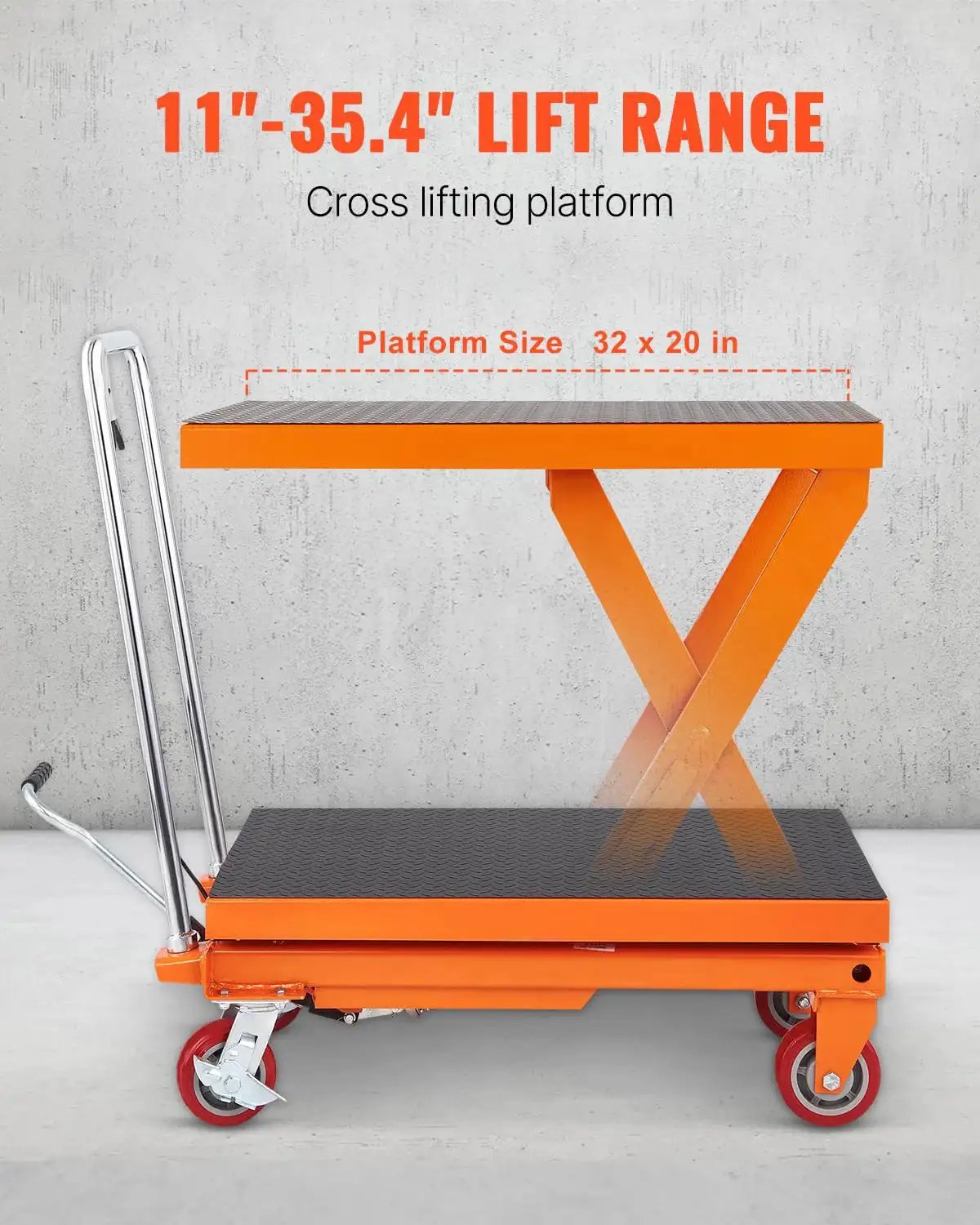 Side view of 1100 Lbs Hydraulic Lift Table Cart With 11 To 35 Inch Lift Range Four Wheels, showing orange steel frame and platform size.