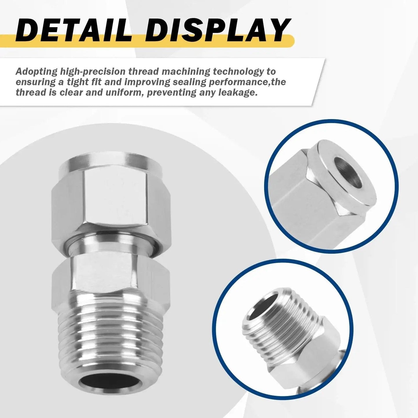 Stainless Steel 304 Compression Tubing Fitting Straight Adapter With Twin Ferrules, Three Eighths Inch OD To NPT Male, Leak Resistant