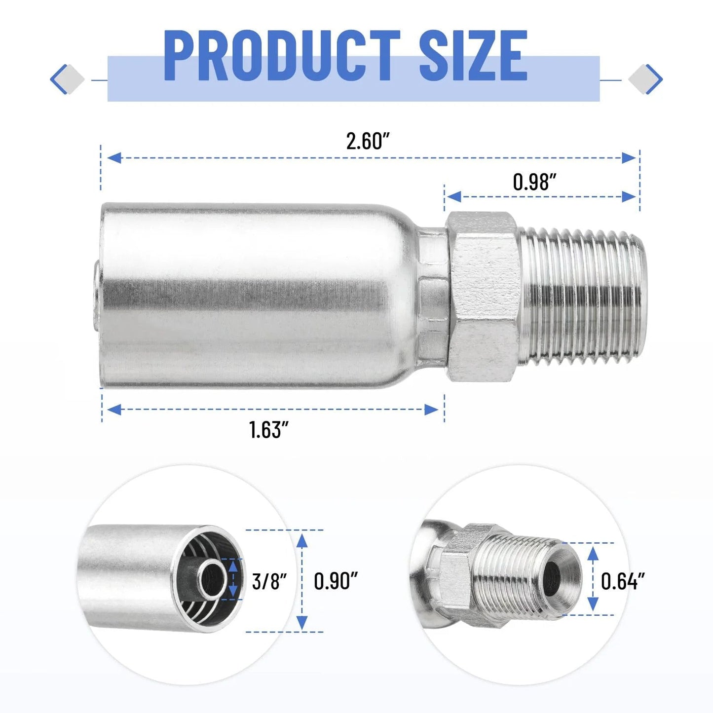 Twelve Pack Hydraulic Hose Fittings Set By Racewill For Three Eighths Inch Inner Diameter Hose With Three Eighths Inch NPTF Male Threads And Protective Covers Crimp Fitting Kit Compatible With Weatherhead Eaton Dayco U Series product size diagram, showing measurements of fittings.