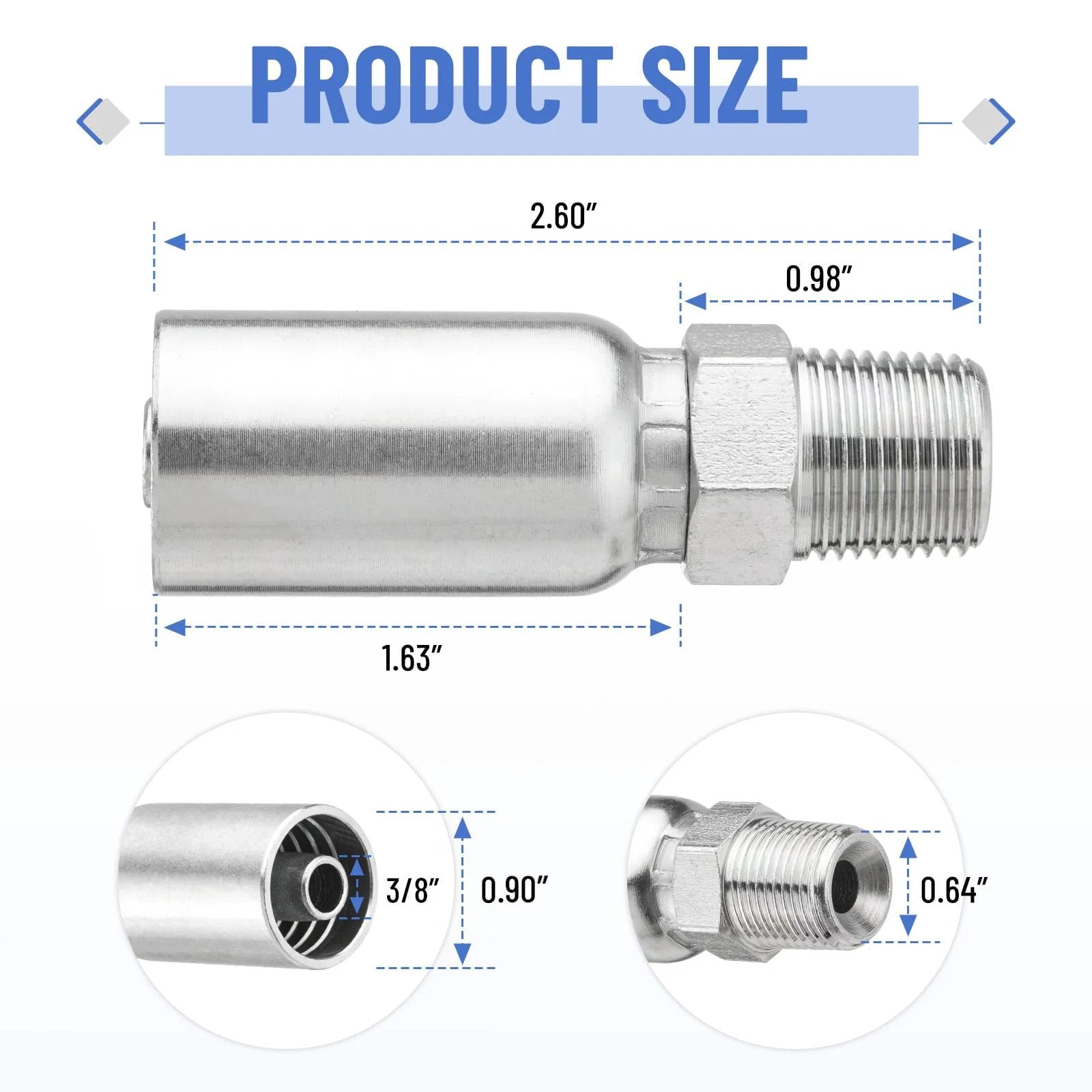 Twelve Pack Hydraulic Hose Fittings Set By Racewill For Three Eighths Inch Inner Diameter Hose With Three Eighths Inch NPTF Male Threads And Protective Covers Crimp Fitting Kit Compatible With Weatherhead Eaton Dayco U Series product size diagram, showing measurements of fittings.