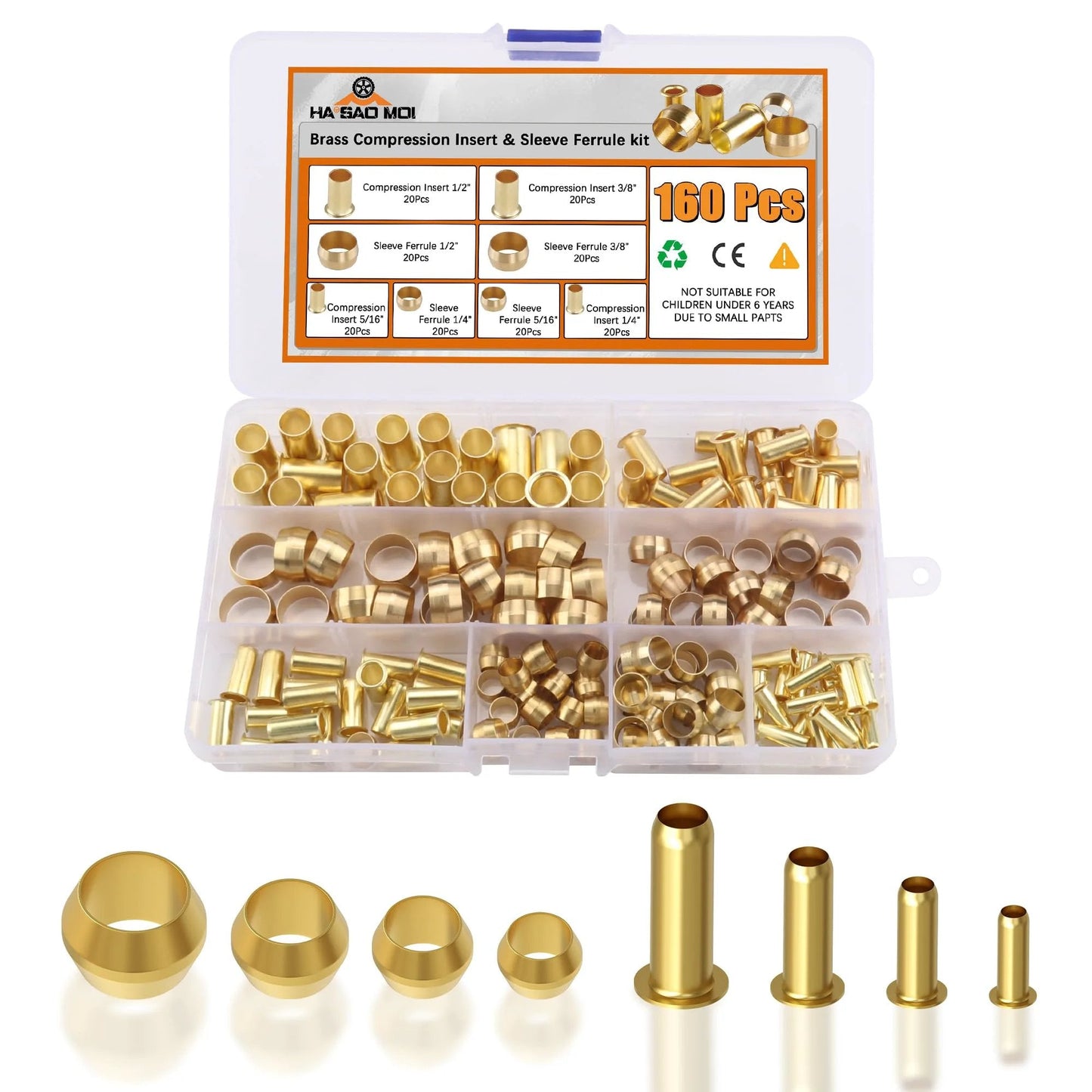 160 Piece Brass Compression Fittings Kit With Sleeve Ferrule And Insert For Air Water Fuel Oil And Inert Gas Lines Includes 4 Sizes 1/4 In 3/8 In 5/16 In And 1/2 In Ideal For Plumbing And Pneumatic Projects