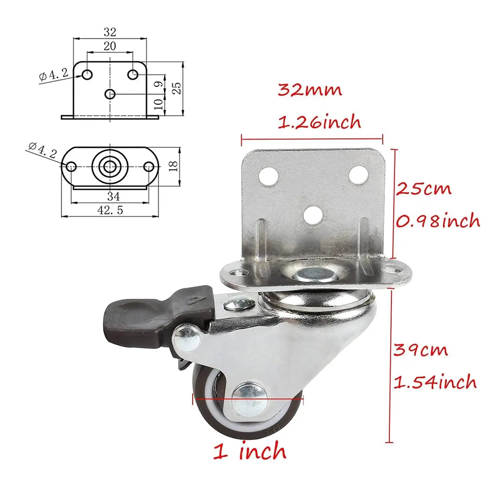 Diagram and measurements of 1 Inch Swivel Plate Casters With Brake, L Bracket Side Mount, TPR Rubber Quiet Mute Casters For Furniture Replacement.