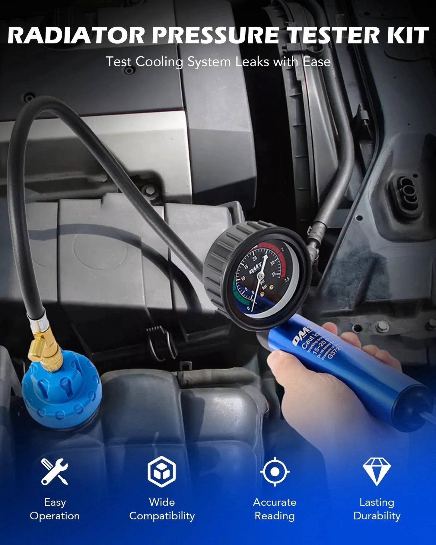 Complete 19 Piece All In One Coolant Pressure Tester Kit with 15 Adapters and Vacuum Pump shown testing radiator.