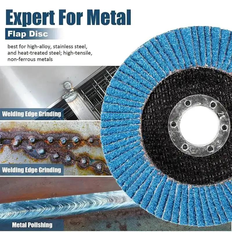 Premium Zirconia Flap Discs For Four And A Half Inch Angle Grinders 7 Eighths Inch Arbor 80 Grit High Density Efficient Sanding Stock And Rust Removal Finishing Grinding Deburring Blue displayed with metal grinding examples.