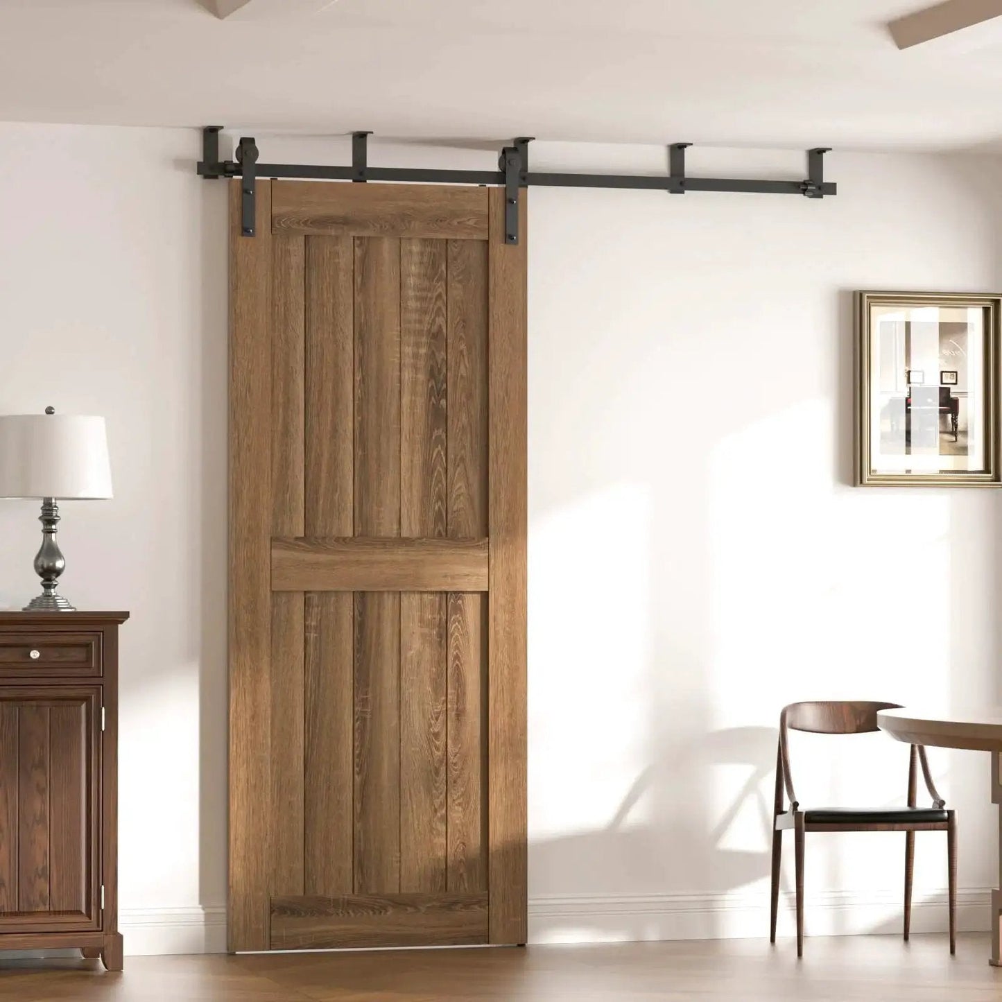 10 Ft Ceiling Mount Sliding Barn Door Hardware Kit Black With Low Ceiling L Shape Bracket System, installed with wooden door