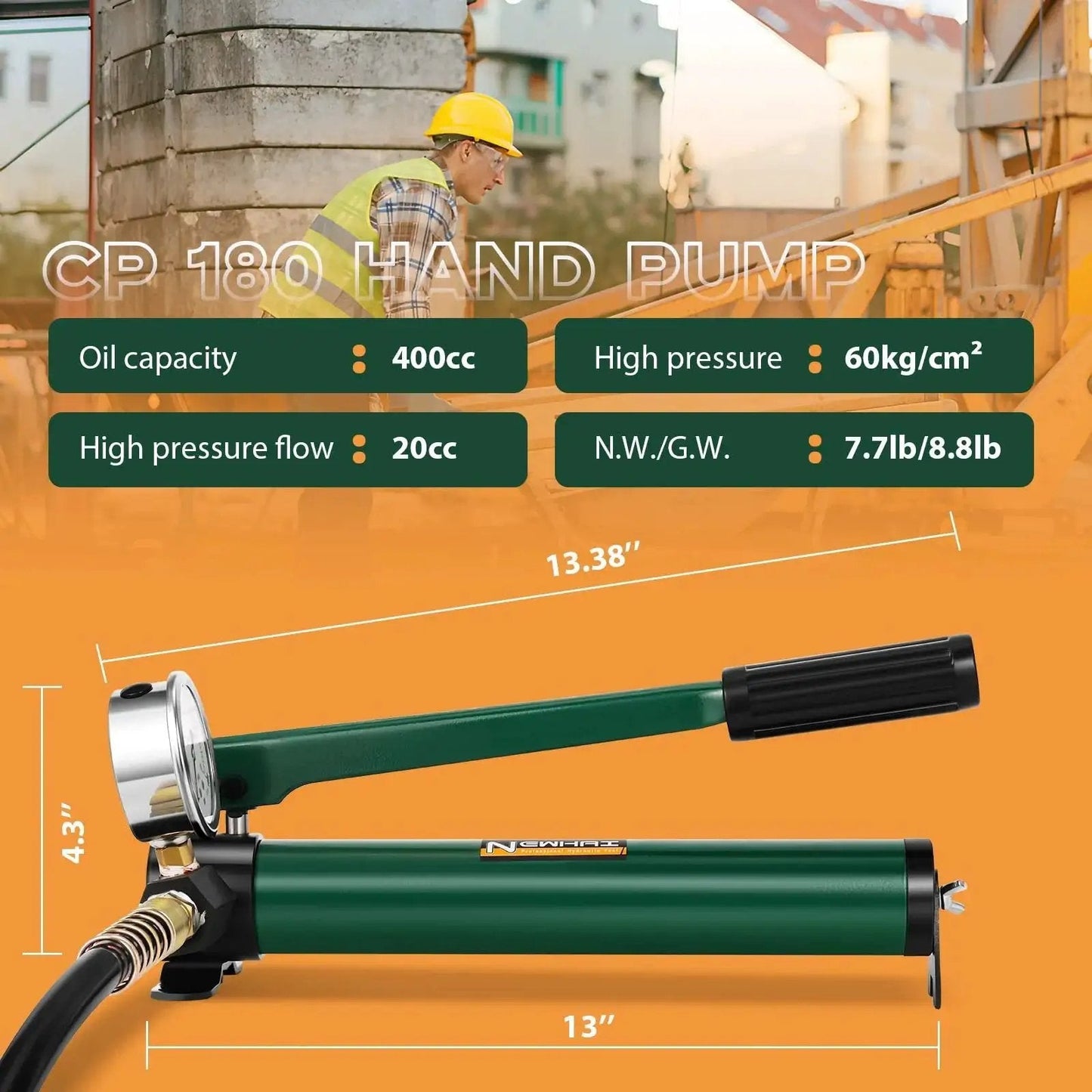CP180 hand pump from 20 Ton Hydraulic Ram Jack With CP180 Pump And Pressure Gauge Porta Power Kit, showing dimensions and specs.