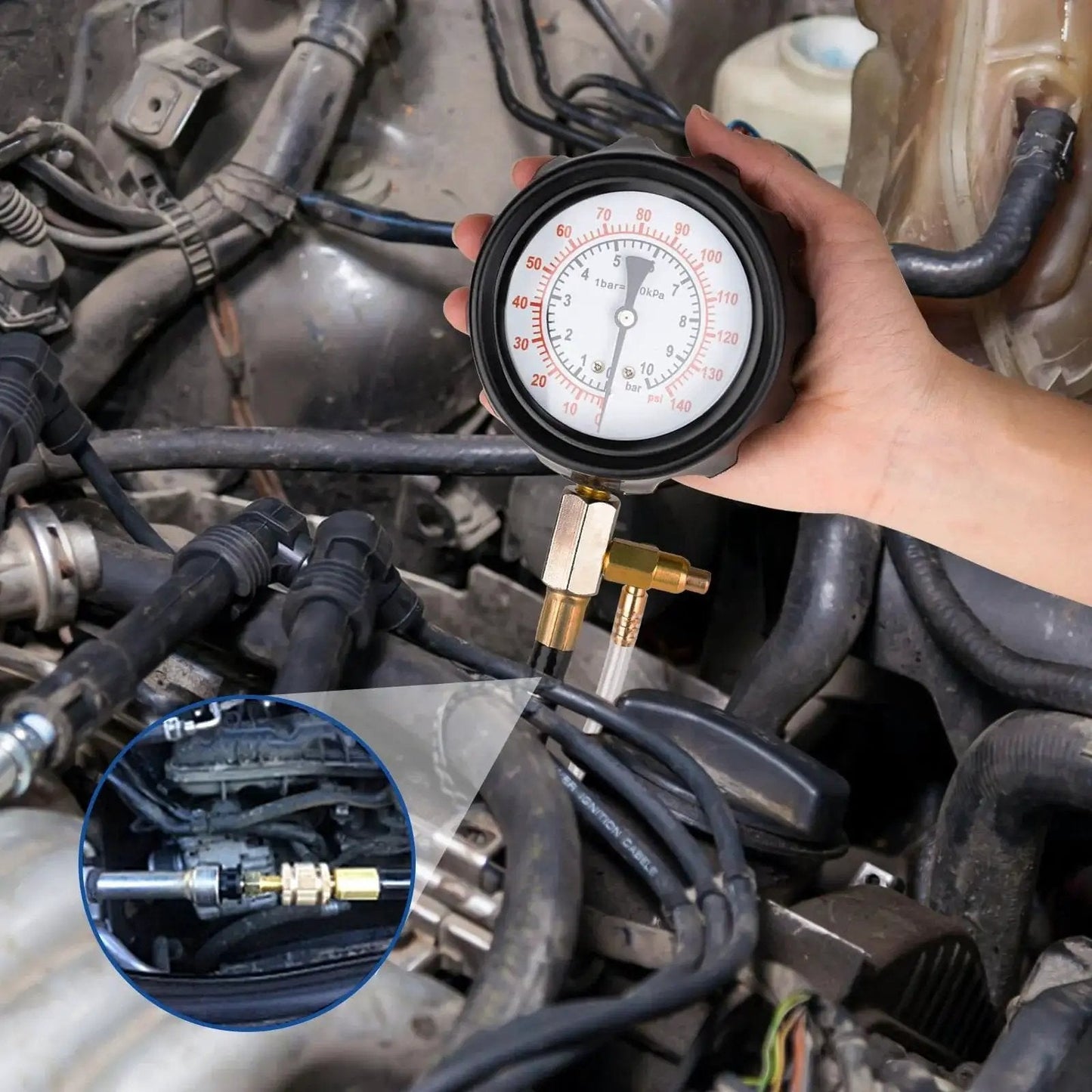 Person using Diesel Fuel Pressure Tester Kit 0-140 PSI With Adapters For Pumps And Injectors to measure engine pressure.